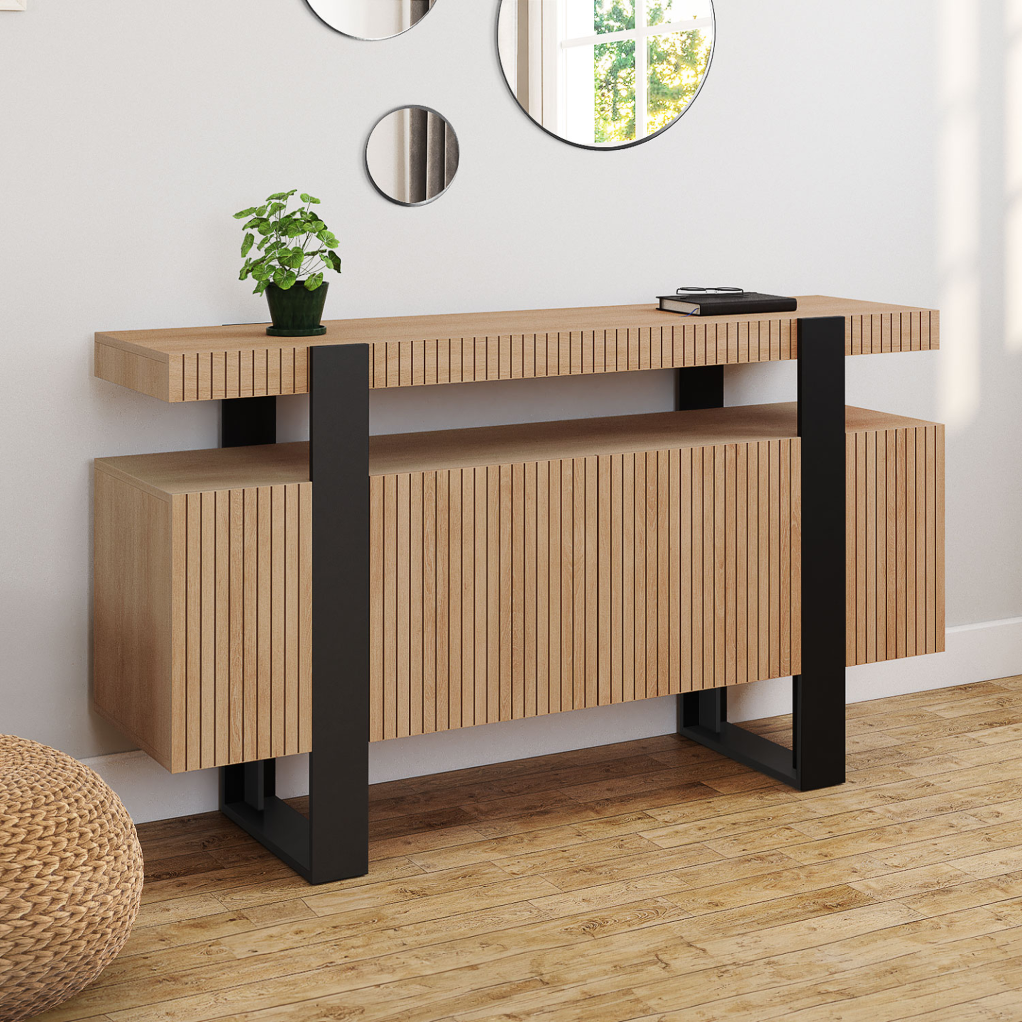 Voir la diapositive 2 : ID MARKET Buffet 140 cm octave 4 portes lattes tasseau bois