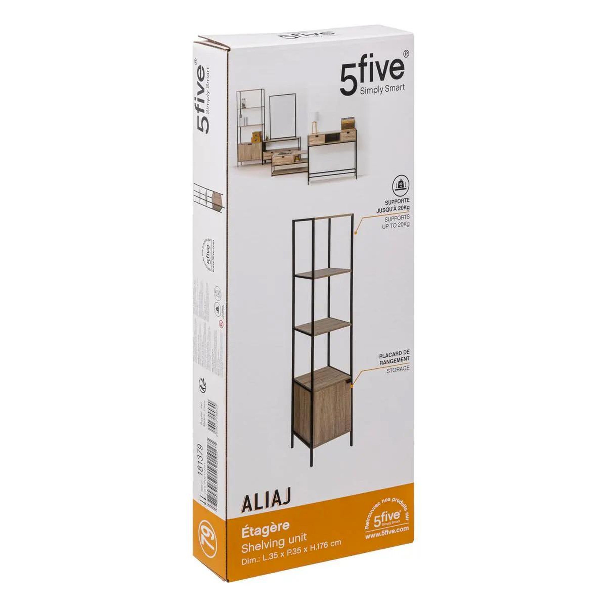 Voir la diapositive 3 : FIVE Étagère design 1 porte  aliaj  176cm naturel & noir