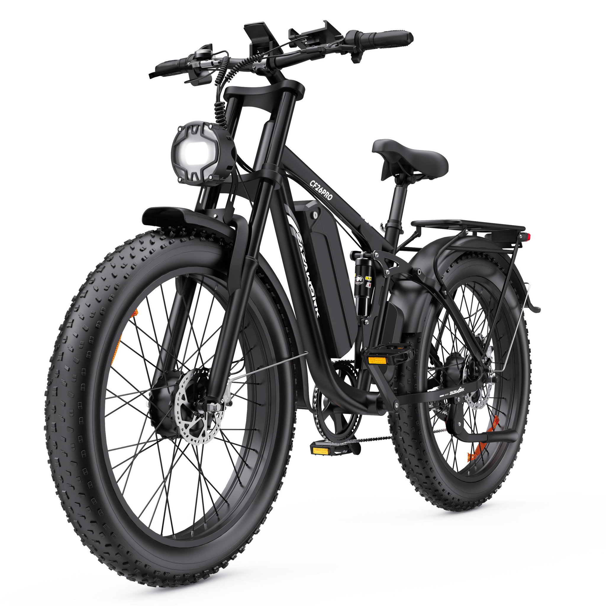 Voir la diapositive 4 : ZAZAWORK Vélo électrique ZAZAWORK CF26 PRO 26  à gros pneus et suspension intégrale, noir