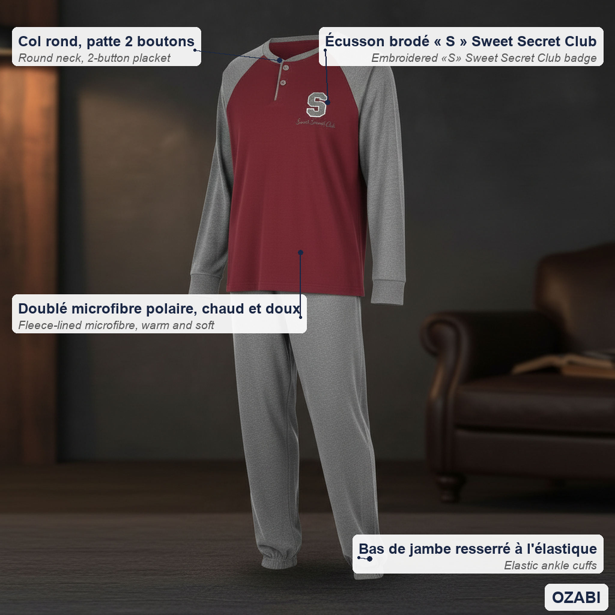 Voir la diapositive 5 : OZABI Ozabi ensemble pyjama homme doublé polaire bicolore sweet secret club
