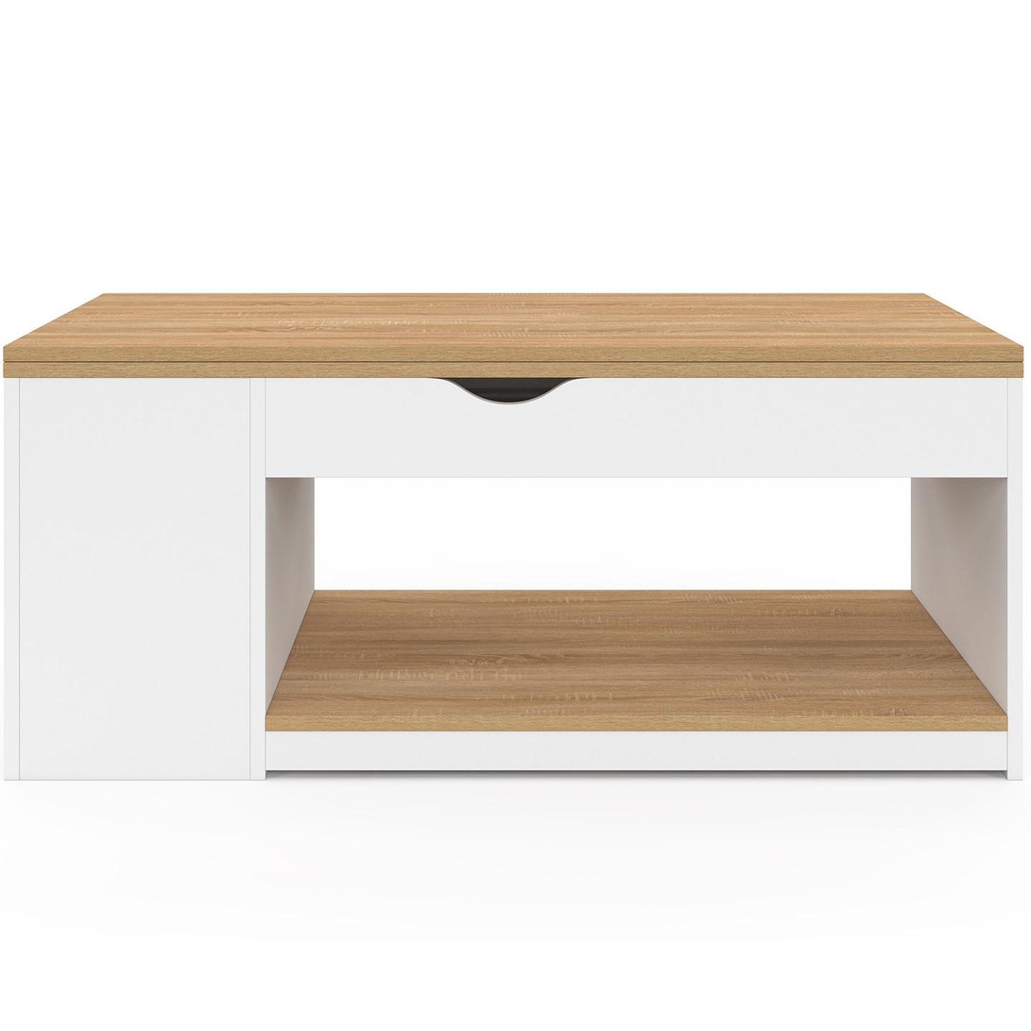 Voir la diapositive 3 : ID MARKET Table basse plateau relevable rectangulaire convertible en table à manger elea 100 cm bois blanc et façon hêtre