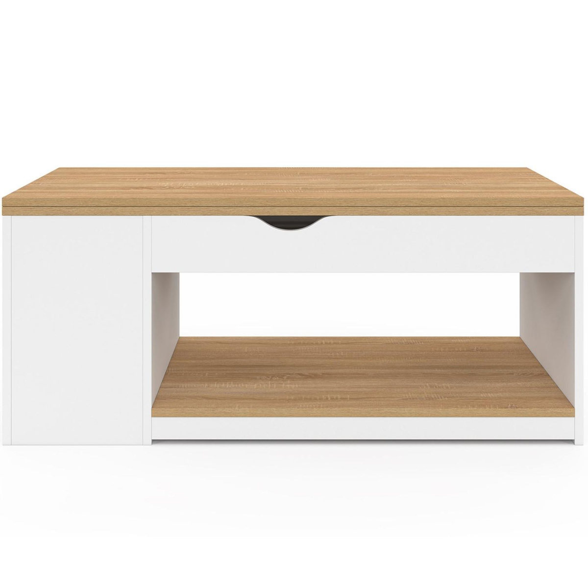 ID MARKET Table basse plateau relevable rectangulaire convertible en table à manger ELEA 100 cm bois blanc et façon hêtre