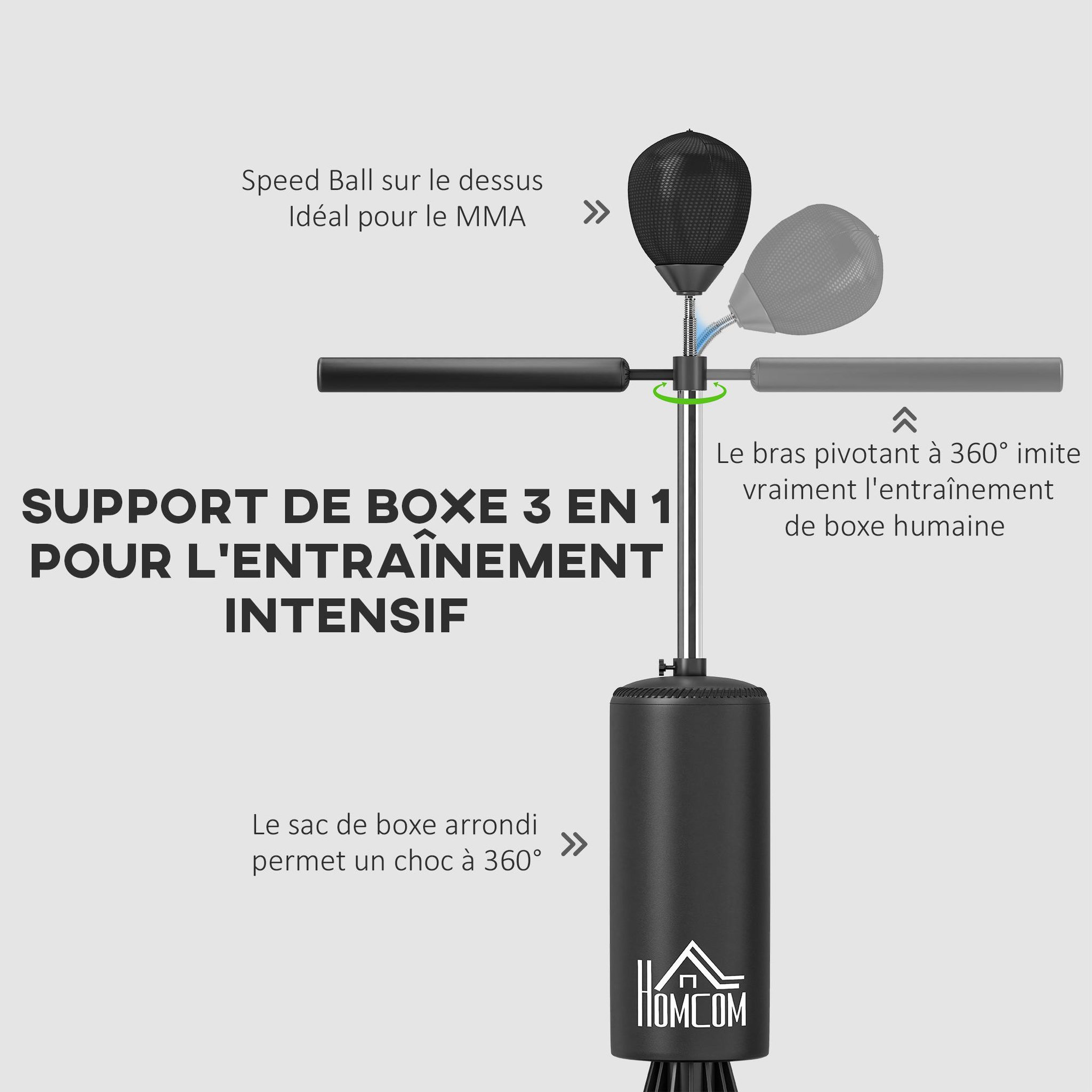 Voir la diapositive 5 : HOMCOM Sac de frappe boxe autoportant punching ball brunier 3 en 1 revêtement synthétique dim. 88l x 48l x 155-205h cm noir