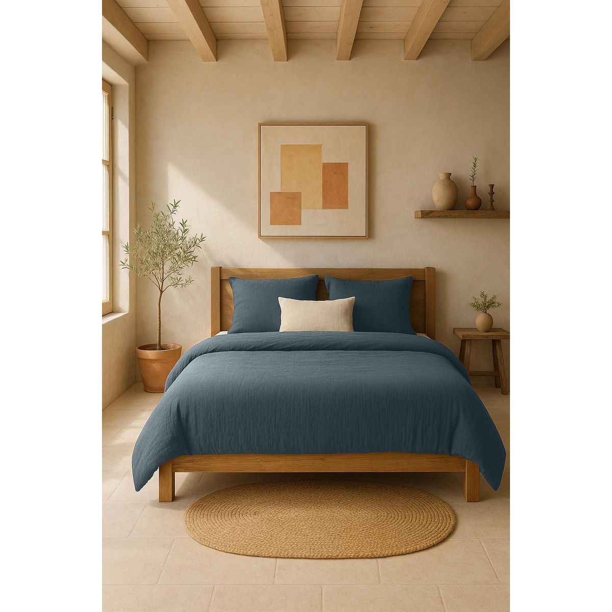 BATON ROUGE Drap housse 100%gaze de coton lavé bleu pétrole