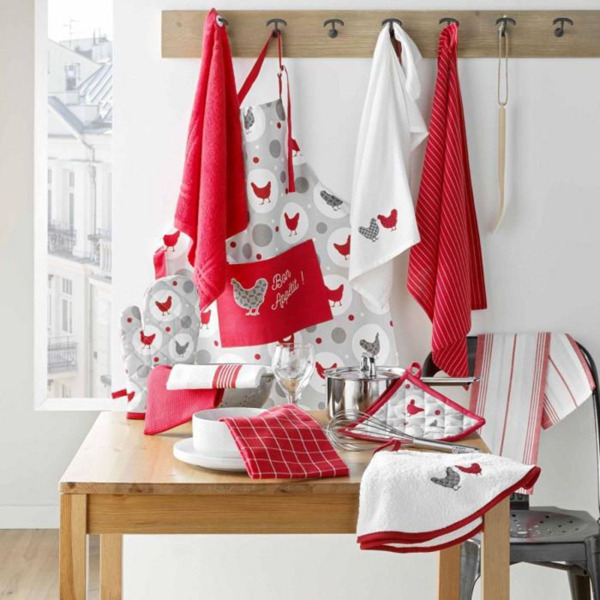 Paris Prix Lot de 2 Torchons Nid d'Abeille  Suzette  50x70cm Rouge