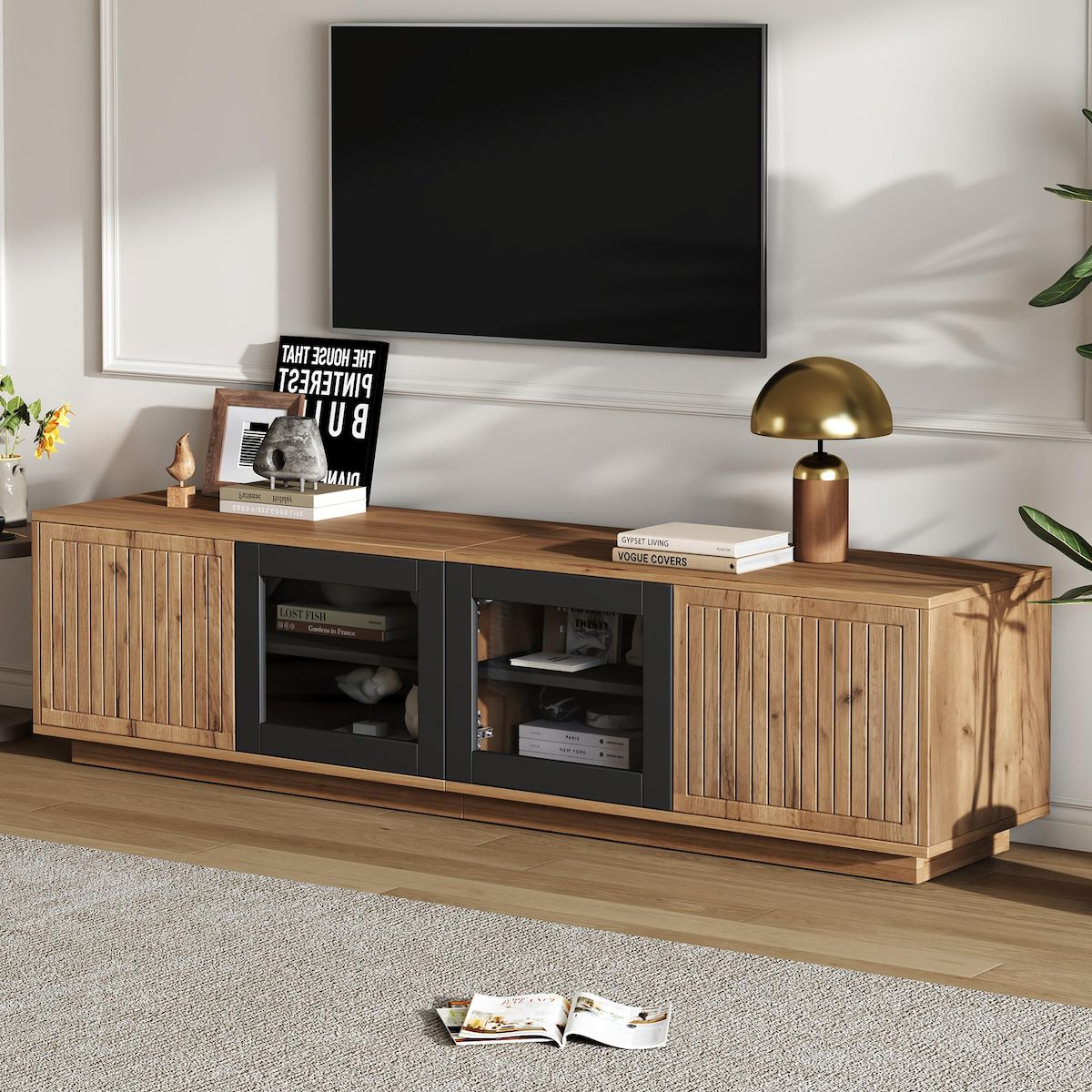 MERAX Meuble tv naturel 180 cm led panneau de particules