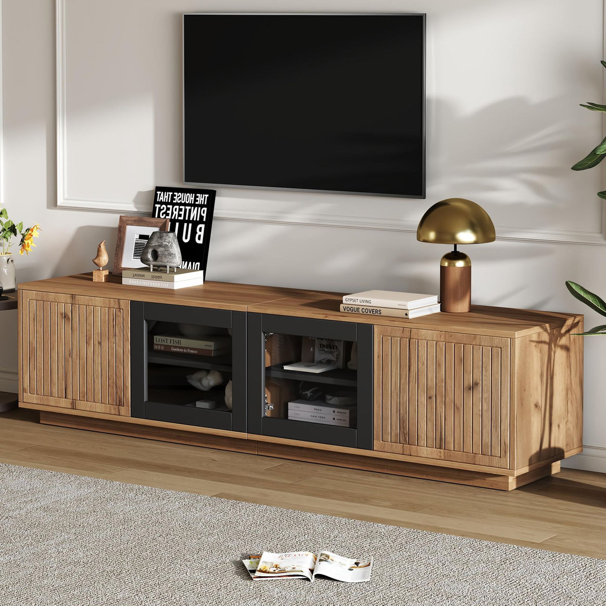 MERAX Meuble tv naturel 180 cm led panneau de particules