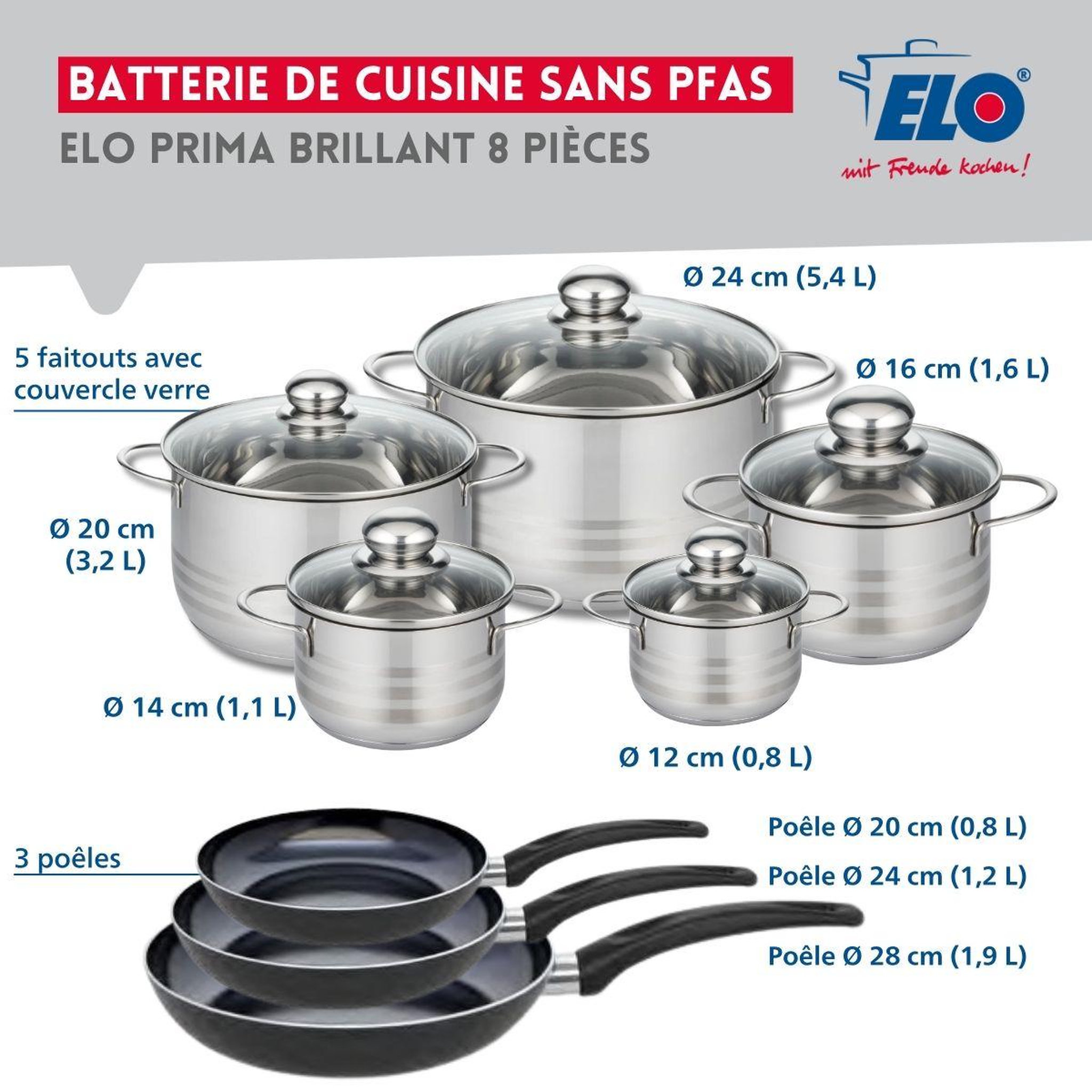 Voir la diapositive 2 : ELO Ensemble de 3 poêles de cuisson 20, 24 et 28 cm et 5 faitouts 12, 14, 16, 20 et 24 cm elo prima brillant