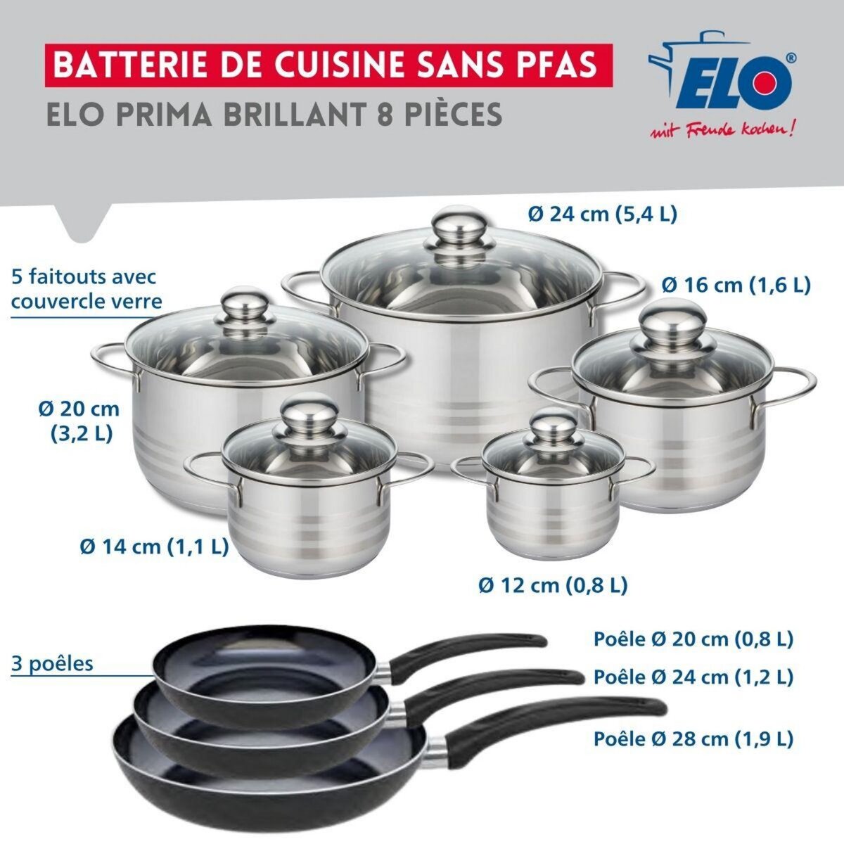 ELO Ensemble de 3 Poêles de cuisson 20, 24 et 28 cm et 5 faitouts 12, 14, 16, 20 et 24 cm Elo Prima Brillant