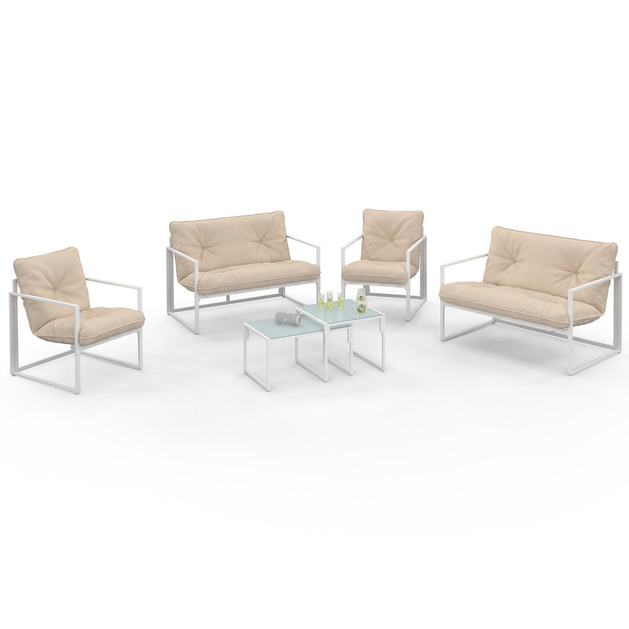 ID MARKET Salon de jardin bas nairobi 6 places en acier blanc et coussins beiges