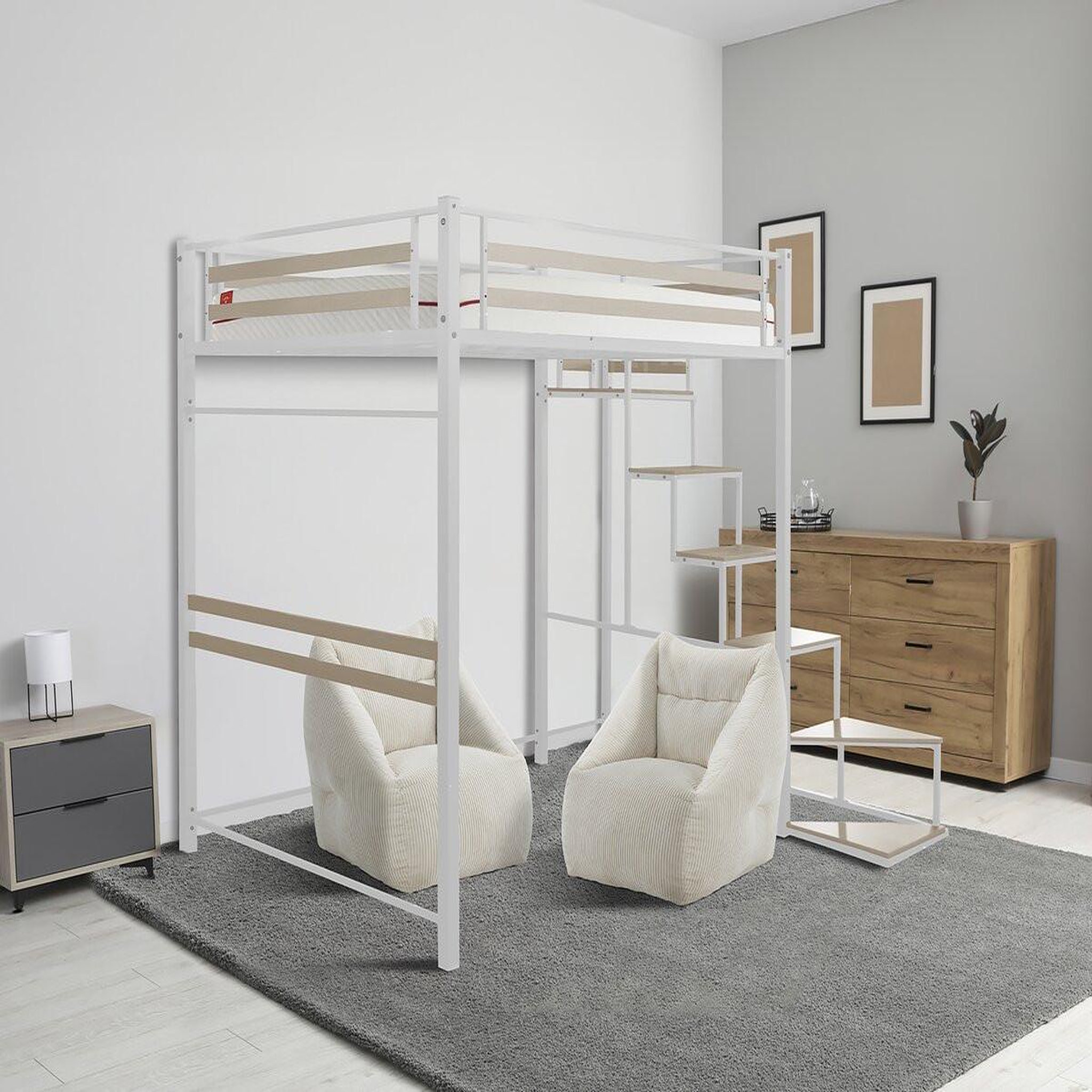 Voir la diapositive 2 : Habitat et Jardin Lit mezzanine en métal avec escalier  lena  - 140 x 190 cm - blanc