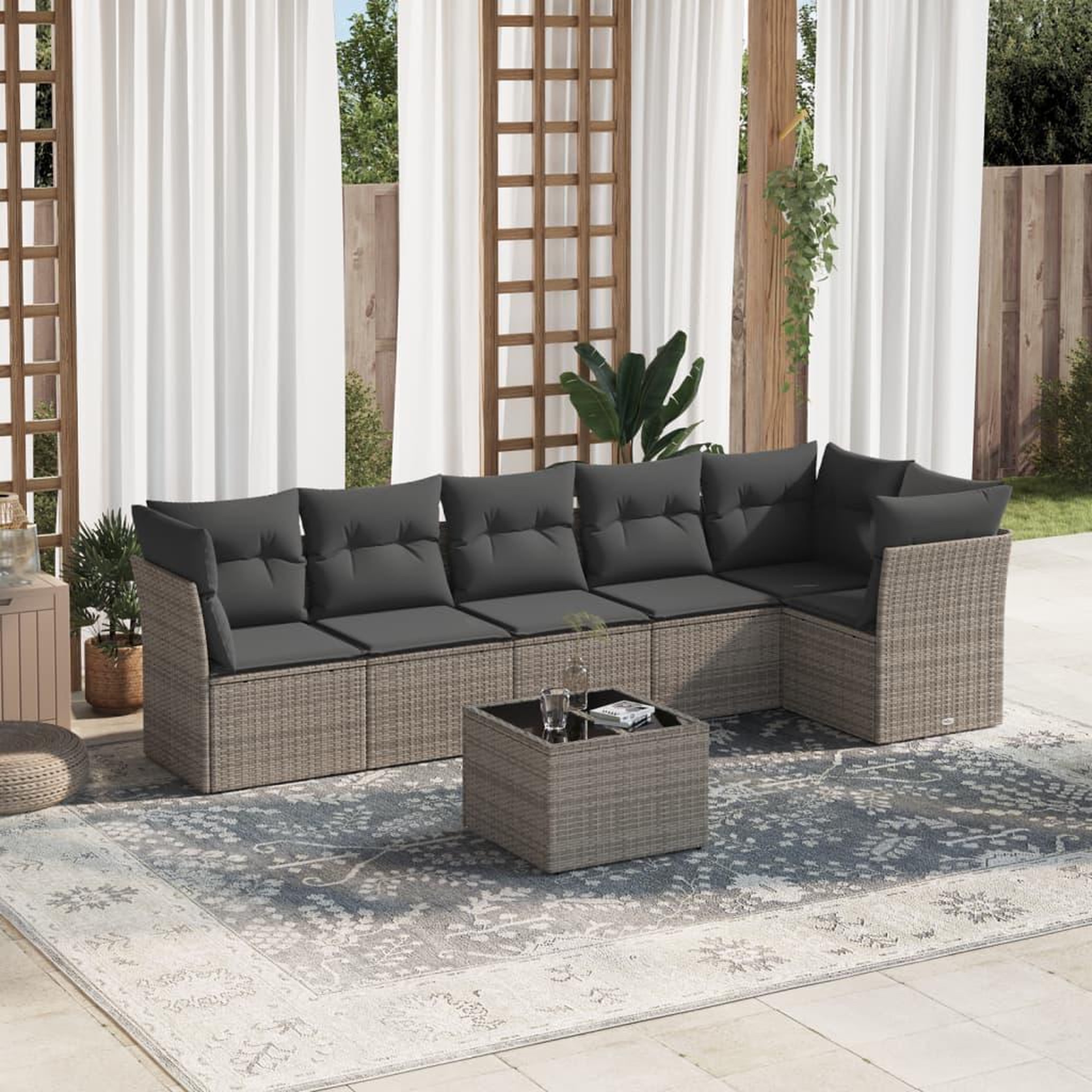 VIDAXL Salon de jardin avec coussins 7 pcs gris resine tressee