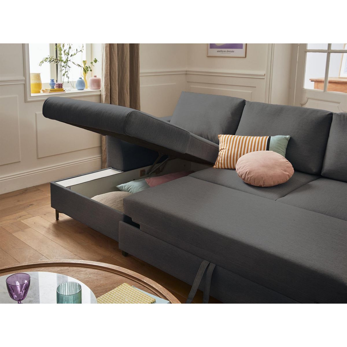 LISA DESIGN Tala - canapé panoramique en u - 7 places - convertible avec coffre - en tissu