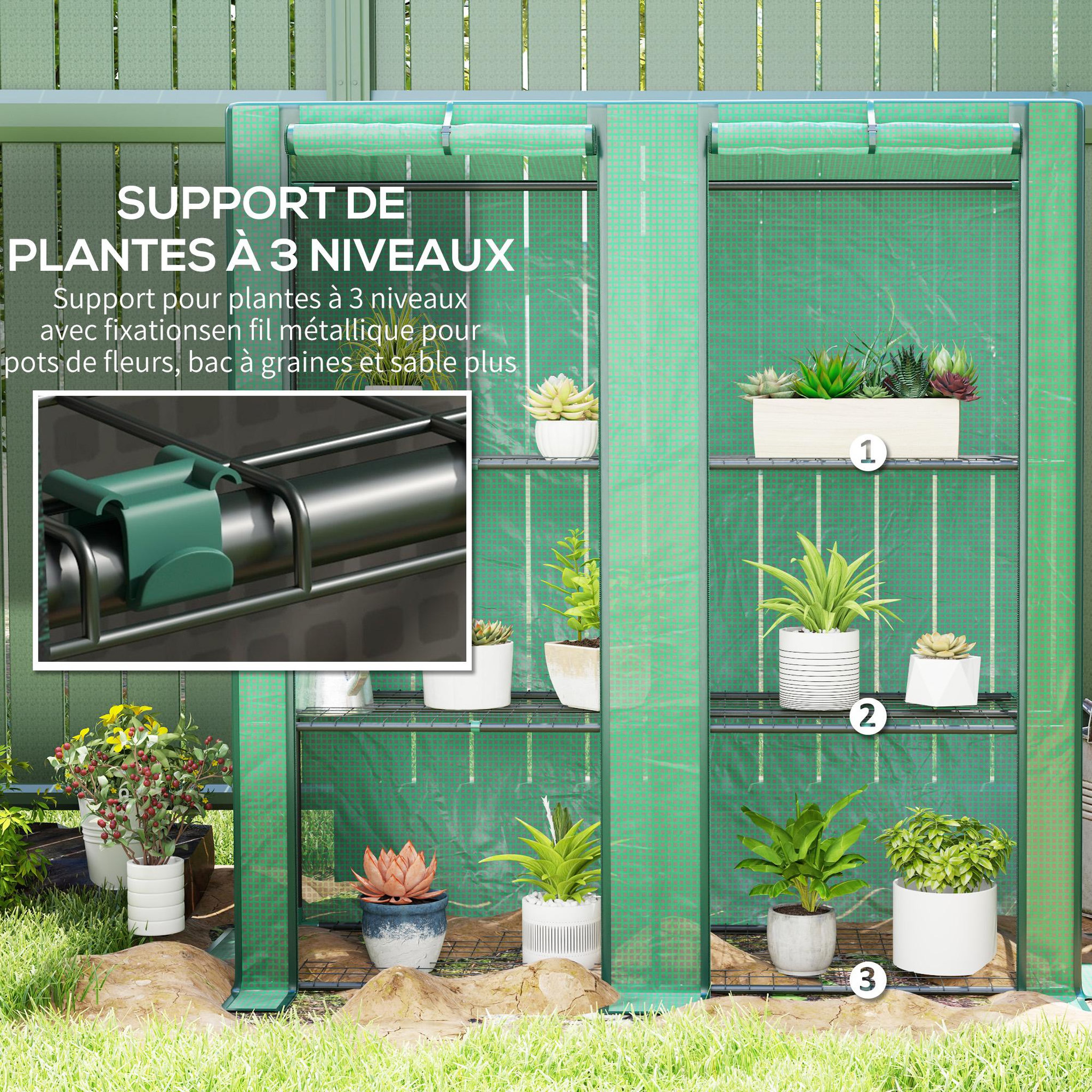 Voir la diapositive 5 : OUTSUNNY Serre de jardin balcon avec étagères métalliques 3 niveaux 2 portes acier noir pe vert