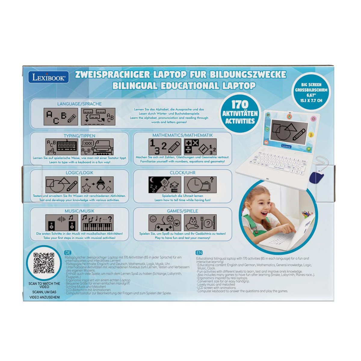 Lexibook Ordinateur portable parlant éducatif bilingue avec 170 activités (85 dans chaque langue) grand écran de 6.7” en allemand et anglais