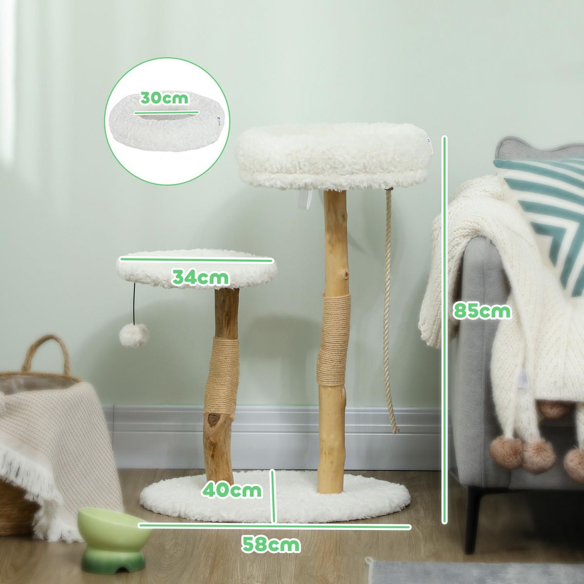 PAWHUT Arbre à chat style bohème chic H.85 cm plateforme panier observation corde boule bois naturel effet laine bouclée