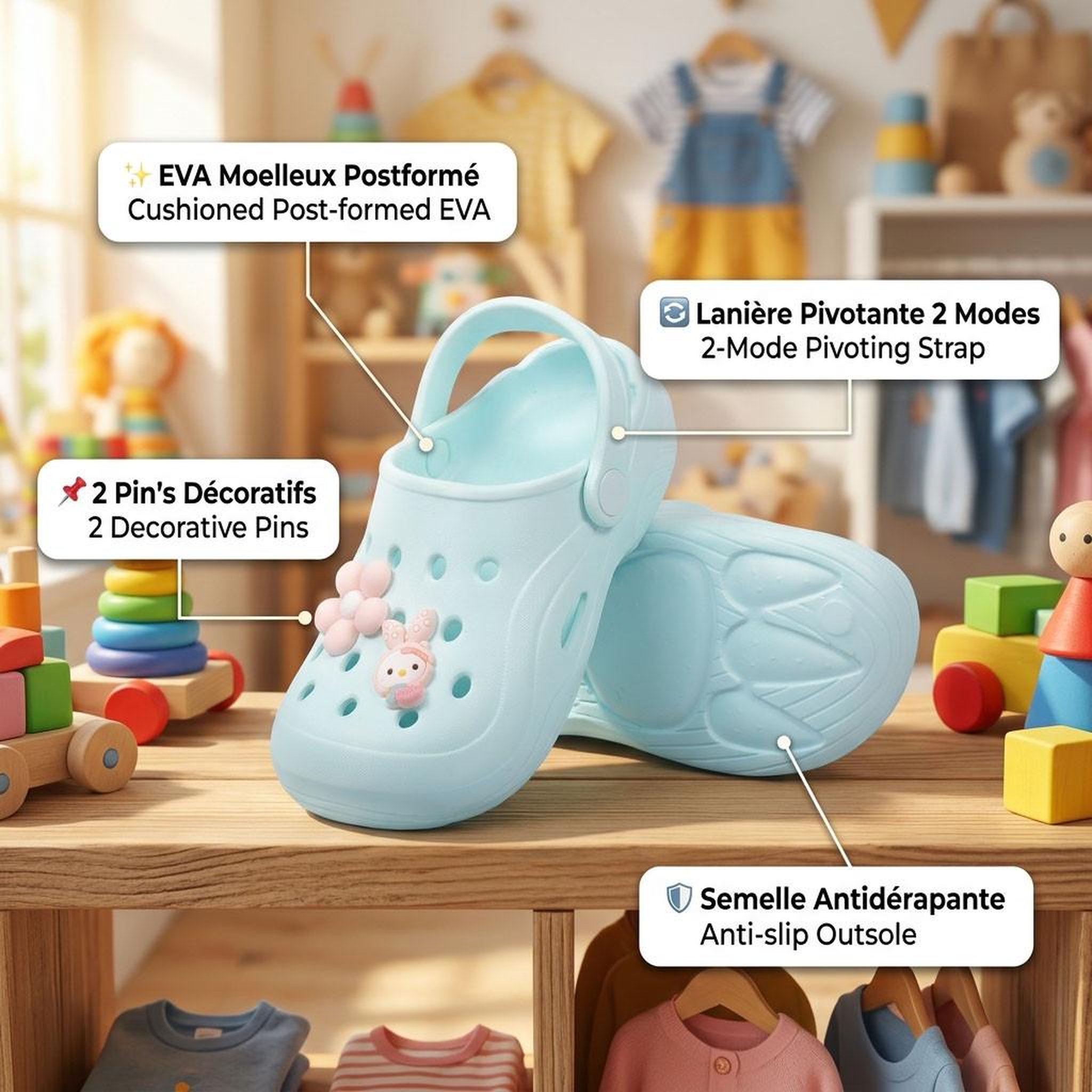 Voir la diapositive 4 : OZABI OZABI Sabot Enfant EVA Moelleux - 2 Pin's Décoratifs - Lanière Pivotante