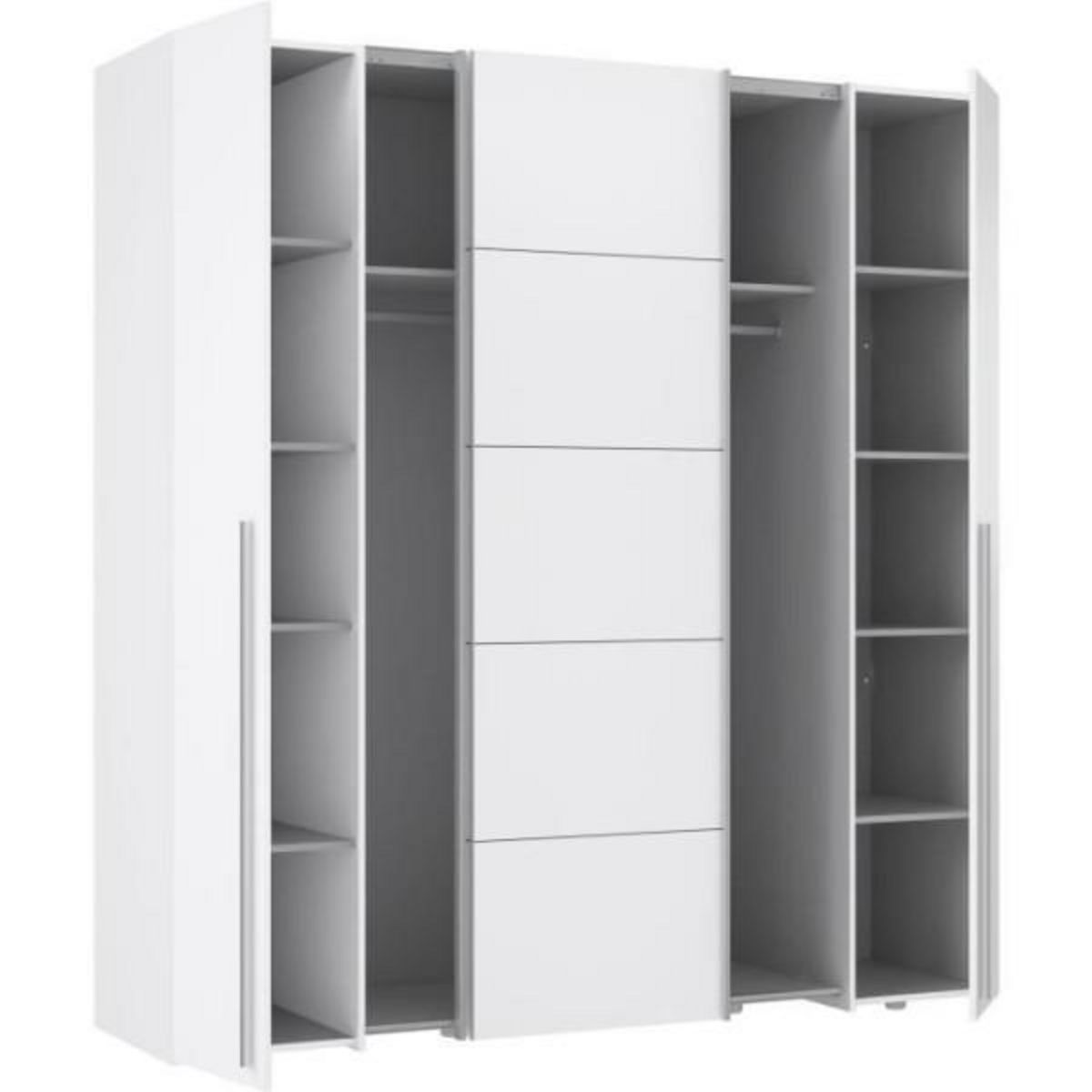 MARKET24 Armoire NARAGO - Décor Blanc mat - 2 portes coulissantes + 2 portes battantes + 2 penderies - L200 x P61 x H210 cm