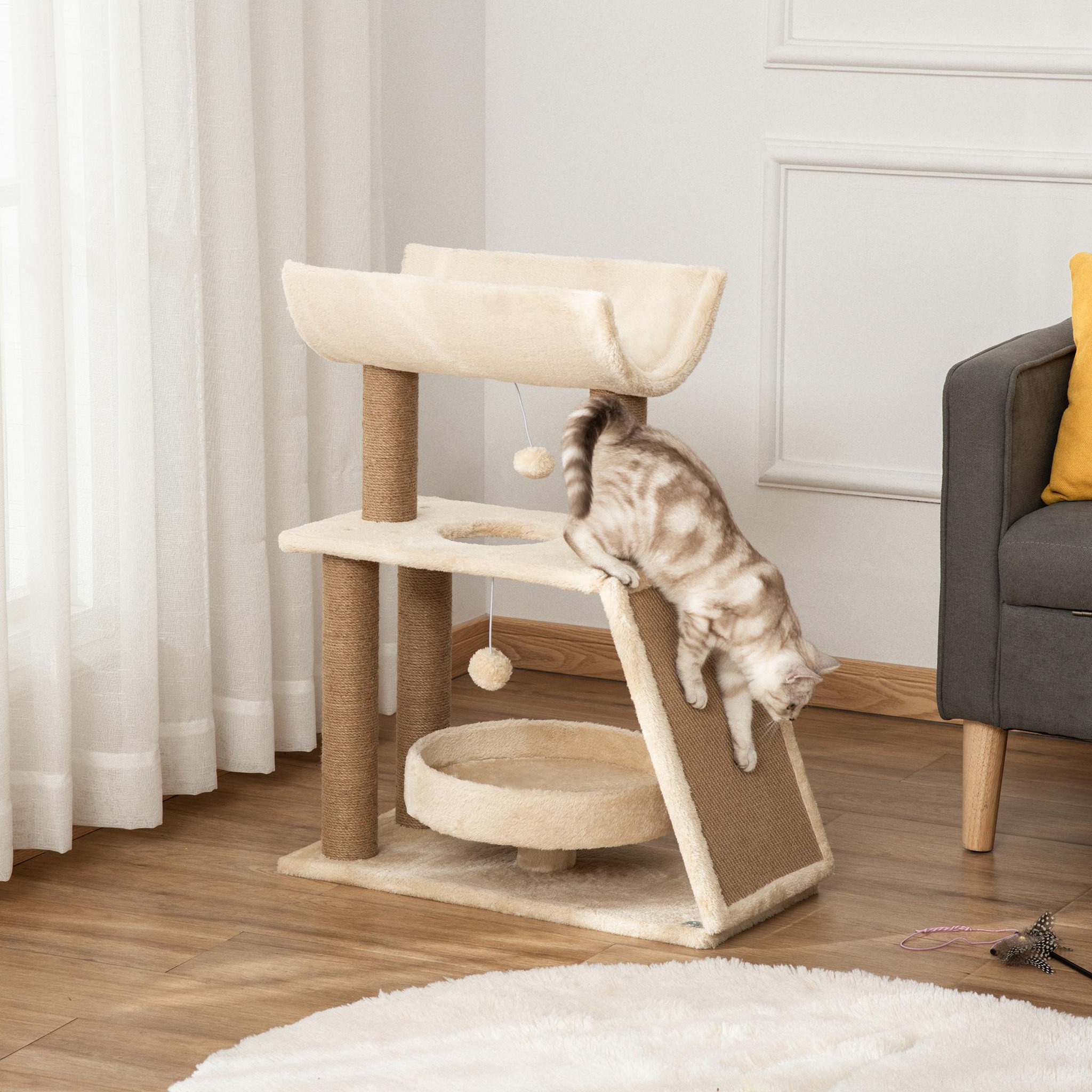 Voir la diapositive 2 : PAWHUT Arbre à chat griffoirs grattoir jeu boules suspendues plateformes ronde, rectangulaire et demi-cylindrique peluche jute naturelle beige