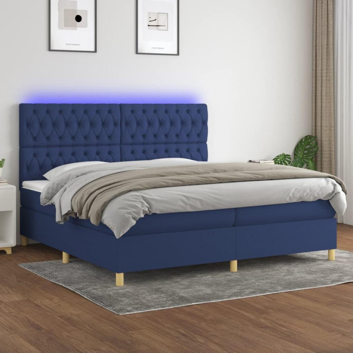 VIDAXL Sommier a lattes de lit et matelas et LED Bleu 200x200 cm Tissu