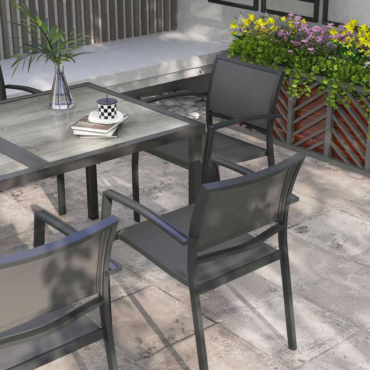 OUTSUNNY Ensemble salon de jardin 6 places 7 pièces avec table à manger acier textilène aspect bois gris