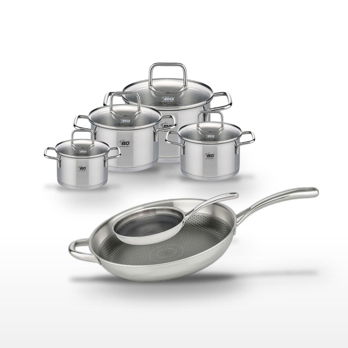 ELO Lot 2 Poêles 32/24 cm et 4 Faitouts 12/14/16/20 cm Elo Relief Evolution