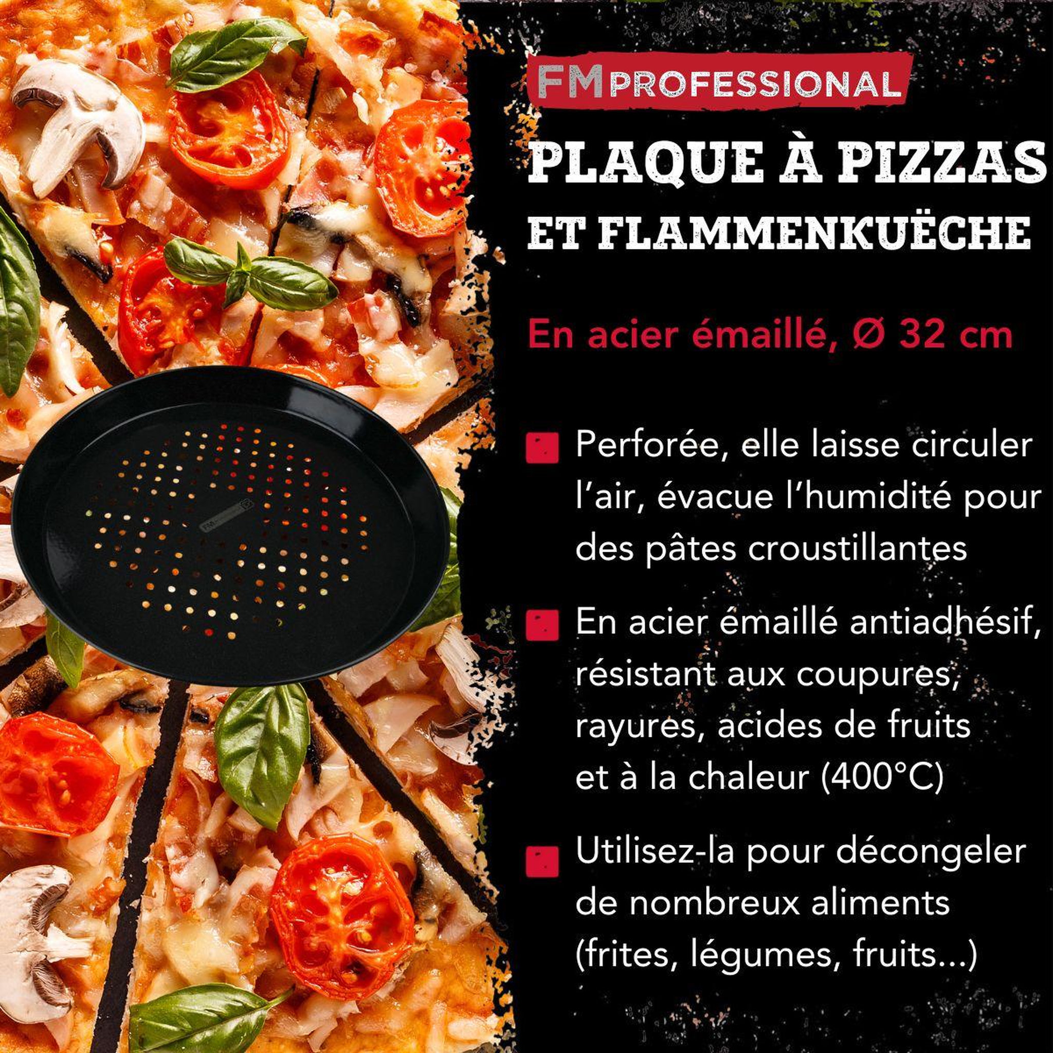 Voir la diapositive 3 : FM PROFESSIONAL Plaque à pizza perforée ronde four et barbecue 32 cm fm professional barbecue