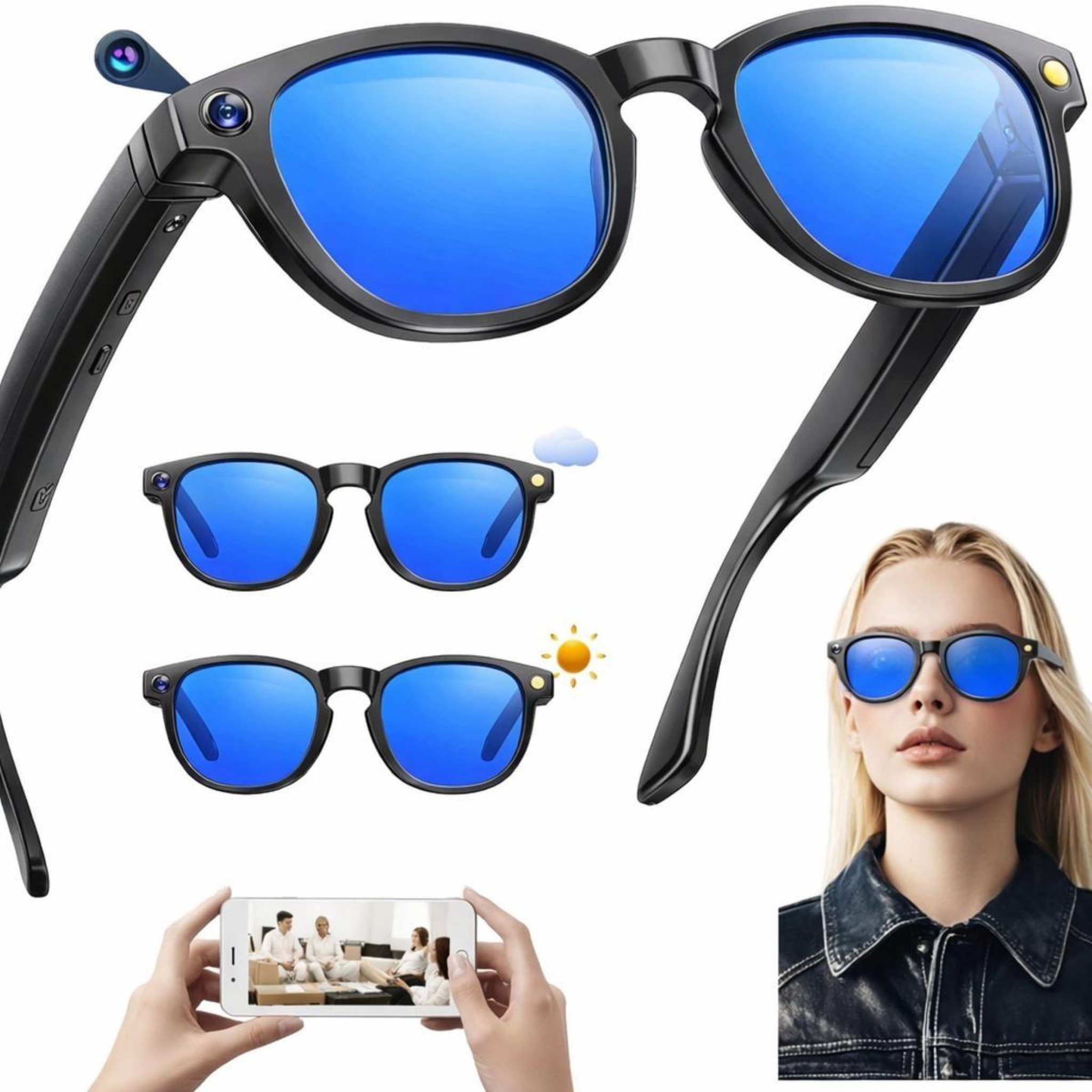 Voir la diapositive 2 : SYNERFIT Lunettes caméra NASA Futura - 8 Mpx 1080p, Bluetooth 5.4, IA vocale - Noir / Bleu
