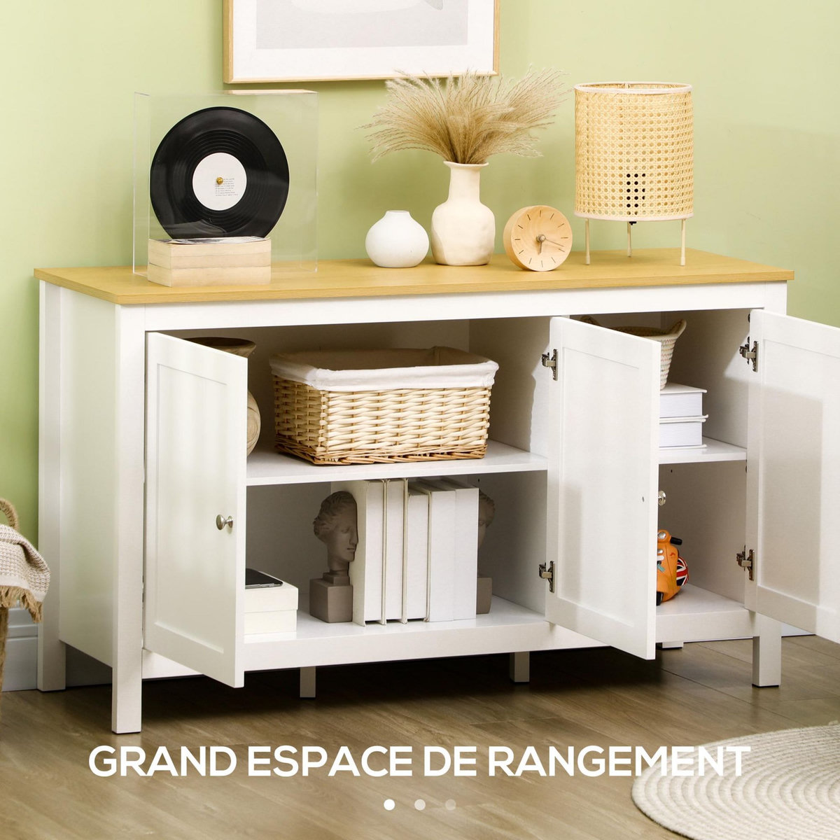 HOMCOM Buffet bas style classique chic - 3 portes, 2 étagères réglables - MDF panneaux blanc aspect bois clair