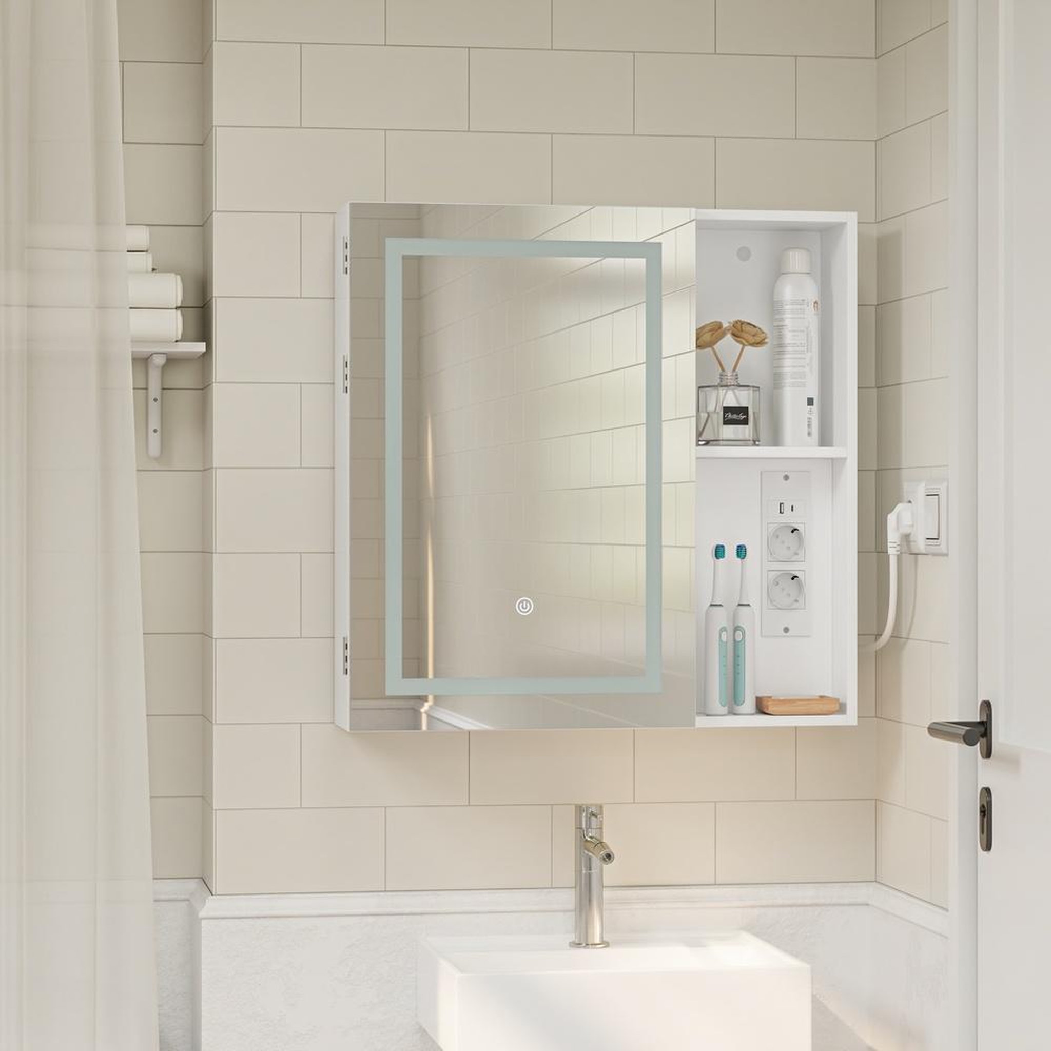 Voir la diapositive 2 : SOBUY Armoire murale de salle de bain avec miroir led, prise et usb, 1 porte, blanc