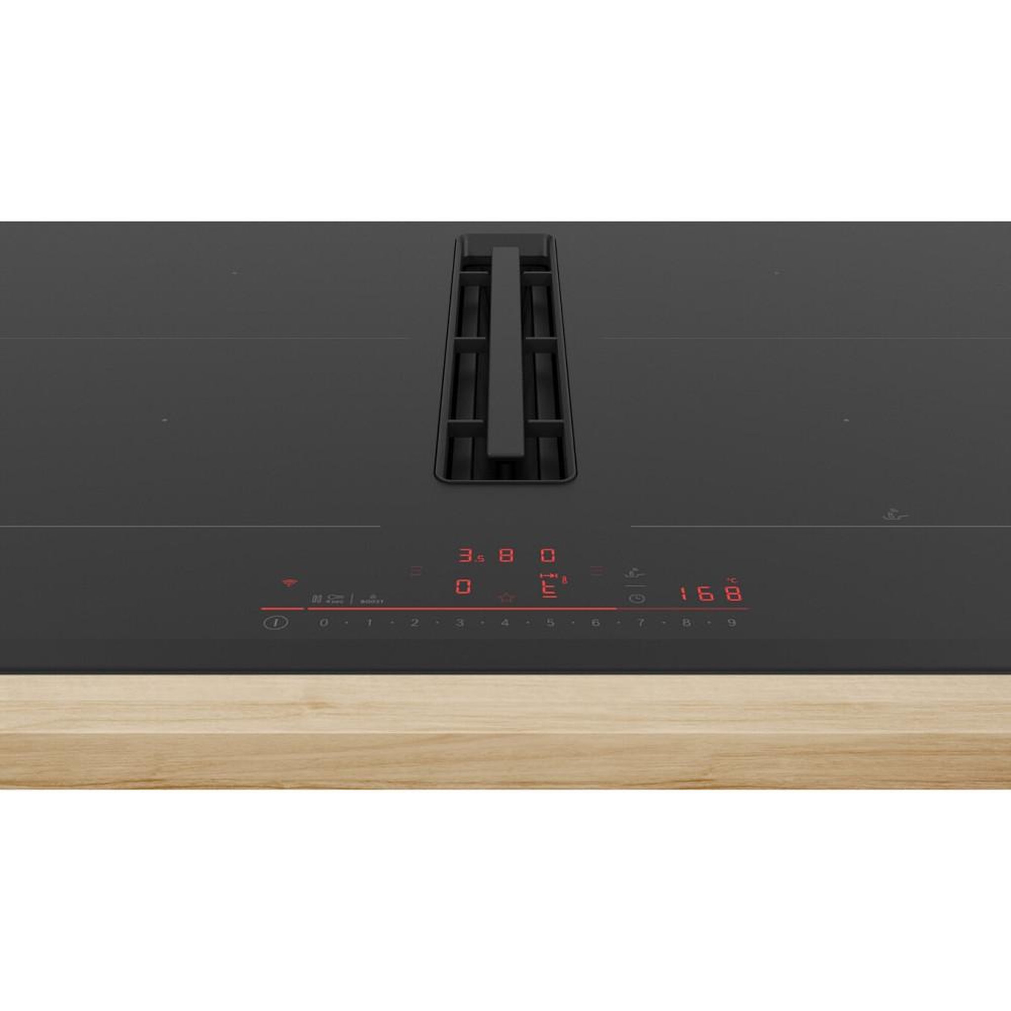 Voir la diapositive 3 : BOSCH Bosch pvq795h26e table de cuisson à induction 71 cm intégrée avec hotte escamotable downdraft, 4 zones dont 2 combizone, commandes sensitives, extraction 500 m³/h et 69 db