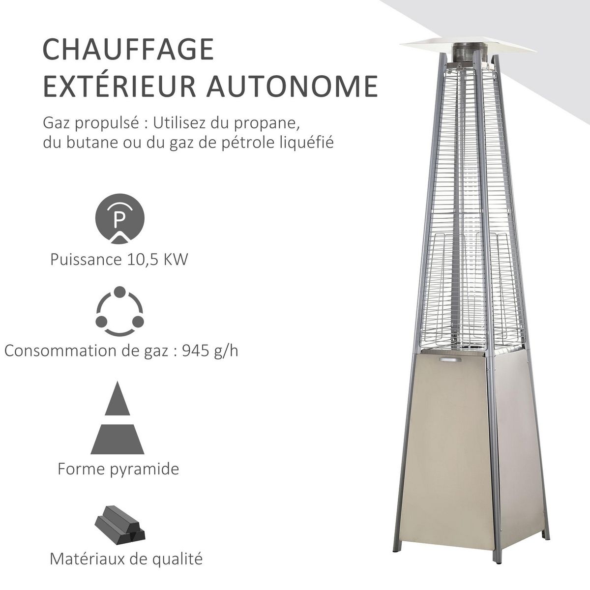 OUTSUNNY Outsunny Parasol chauffant pyramide 10,5 kW - chauffage d'extérieur gaz - chauffage de terrasse - double sécurité - puissance réglable - roulettes, housse incluse - acier inox. gris métal