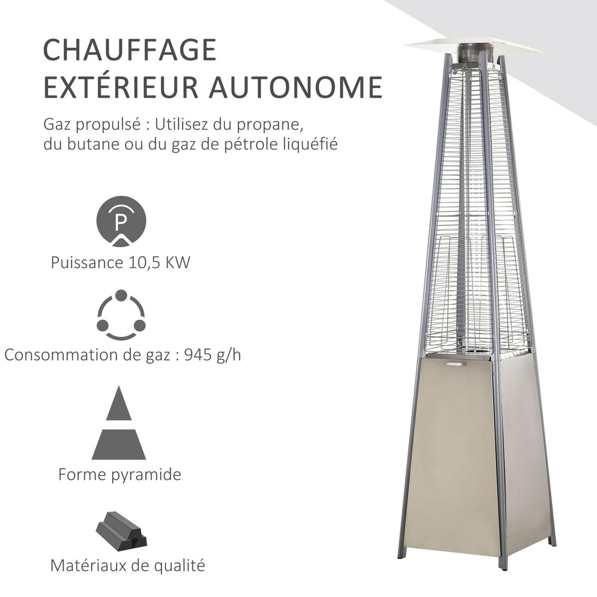 OUTSUNNY Outsunny Parasol chauffant pyramide 10,5 kW - chauffage d'extérieur gaz - chauffage de terrasse - double sécurité - puissance réglable - roulettes, housse incluse - acier inox. gris métal