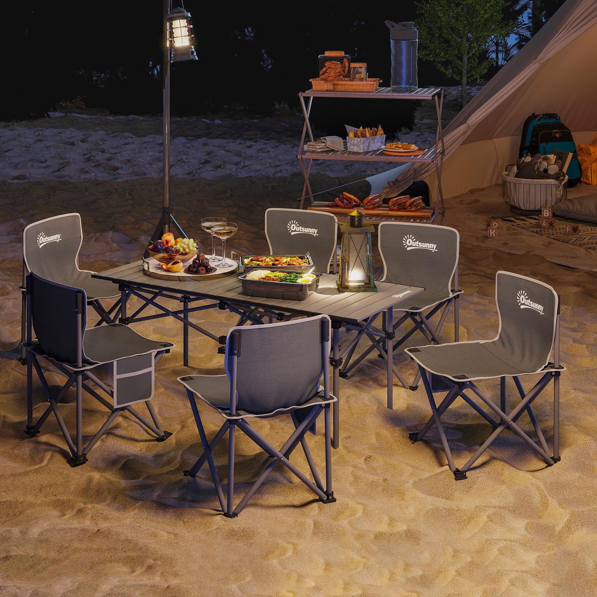 OUTSUNNY Ensemble table et chaise camping - table pliante camping avec 6 chaises rangements sacs de transport gris