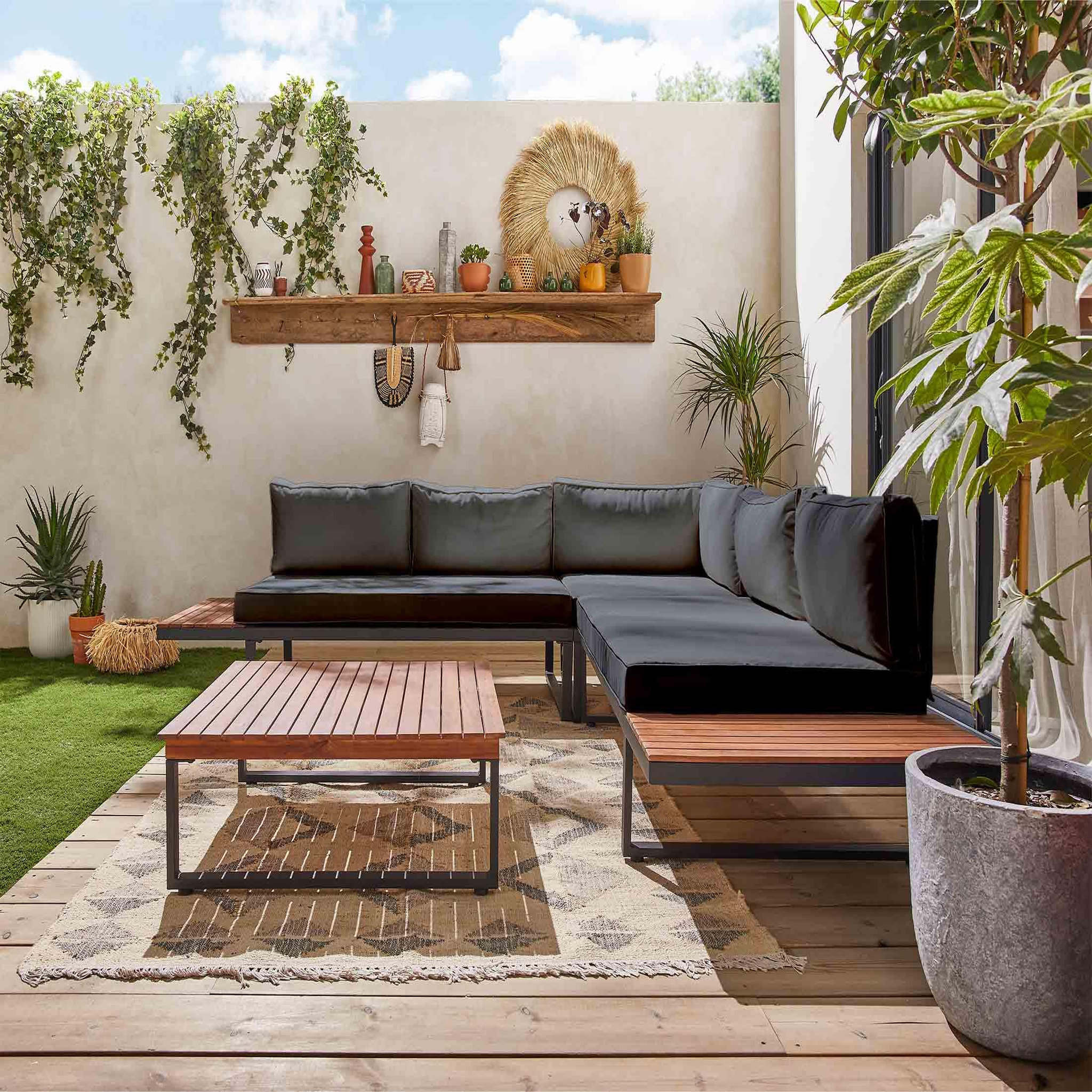 Voir la diapositive 3 : BEST MOBILIER Yulara - salon de jardin en bois et métal - 5 places - coussins gris