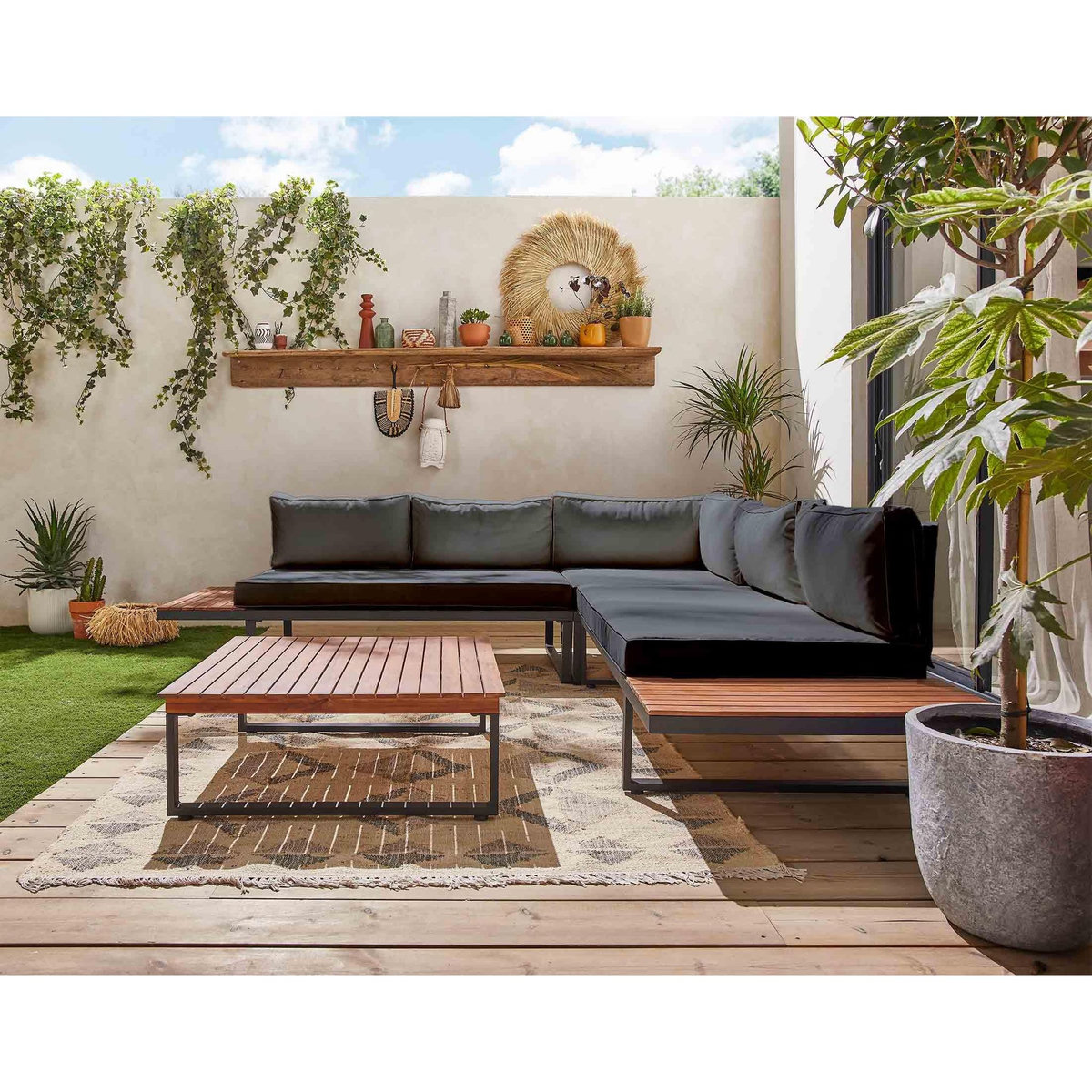 BEST MOBILIER Yulara - salon de jardin en bois et métal - 5 places - coussins gris