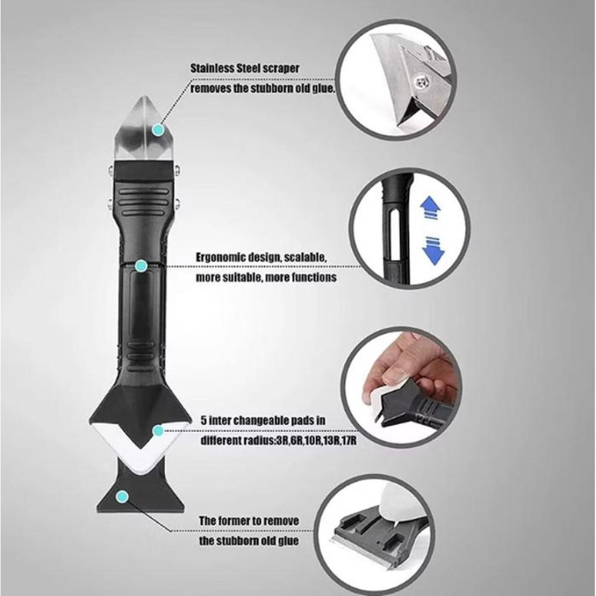 Voir la diapositive 2 : Kit outil 3-en-1 pour joints silicone : grattoir en acier inox, lisseur silicone et 5 patins interchangeables (3R, 6R, 10R, 13R, 17R)