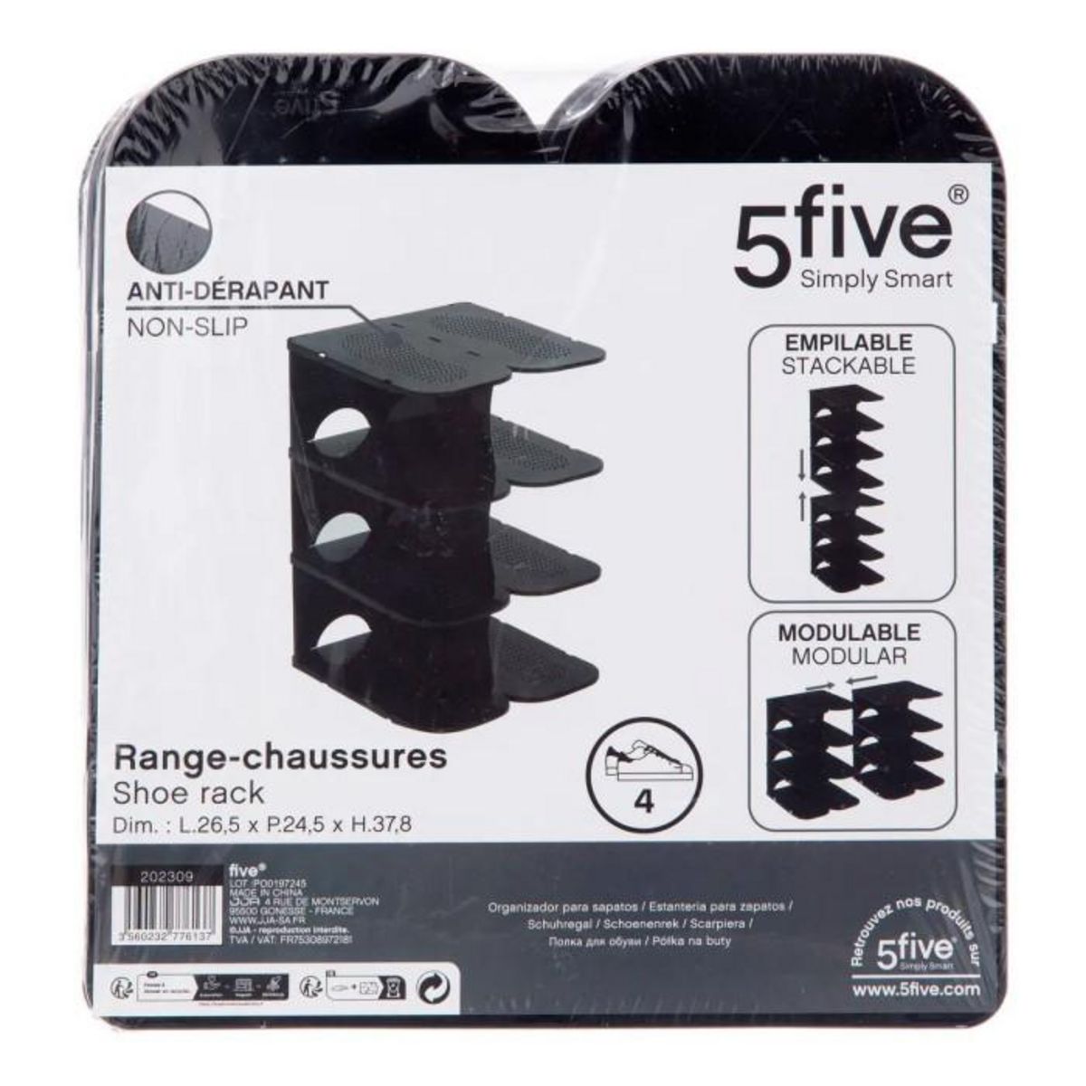 FIVE Range-Chaussures Empilable  4 Paires  37cm Noir