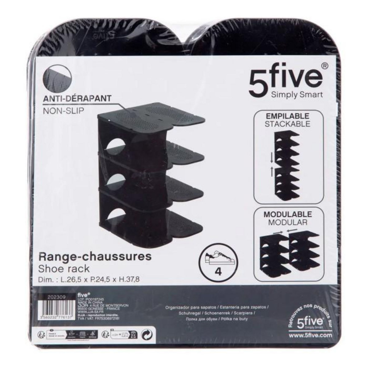 FIVE Range-Chaussures Empilable  4 Paires  37cm Noir