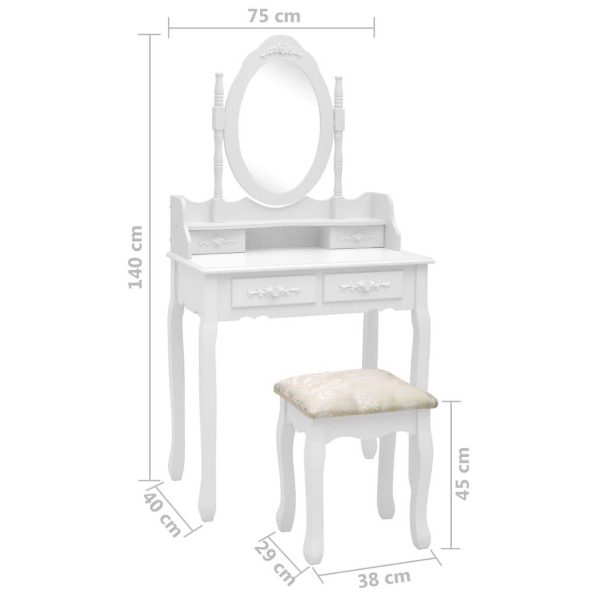 VIDAXL Ensemble de coiffeuse avec tabouret Blanc 75x69x140cm Paulownia
