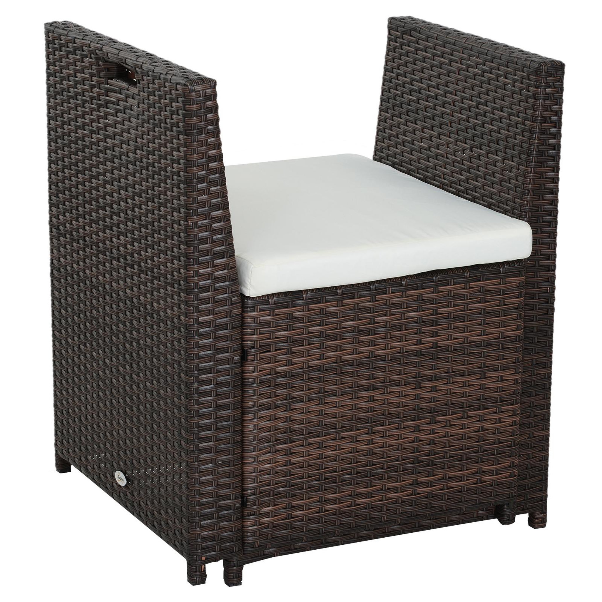 Voir la diapositive 5 : OUTSUNNY Ensemble salon de jardin encastrable 4 chaises monoblocs avec coussins déhoussables et table résine tressée chocolat