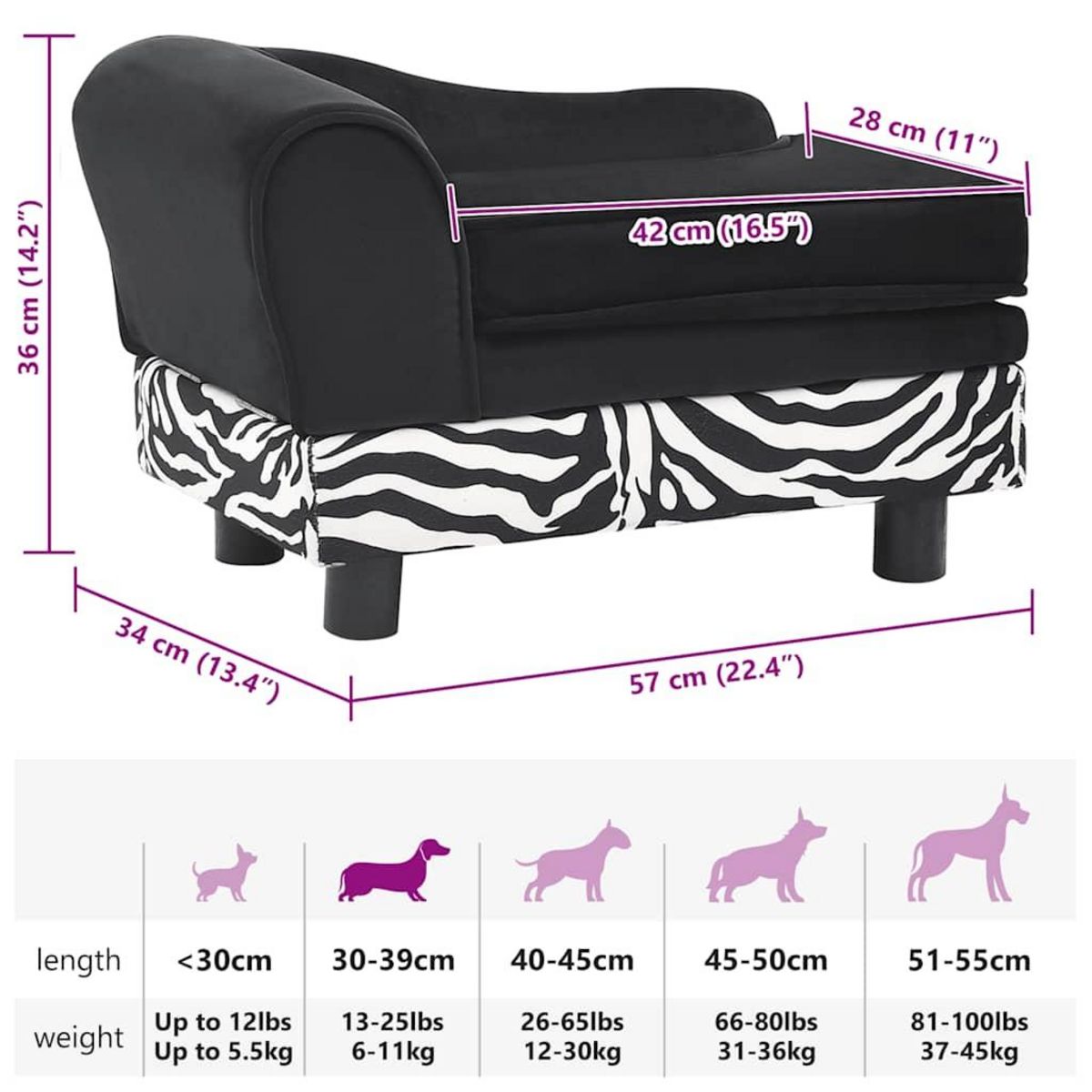 VIDAXL Canape pour chien Noir 57x34x36 cm Peluche