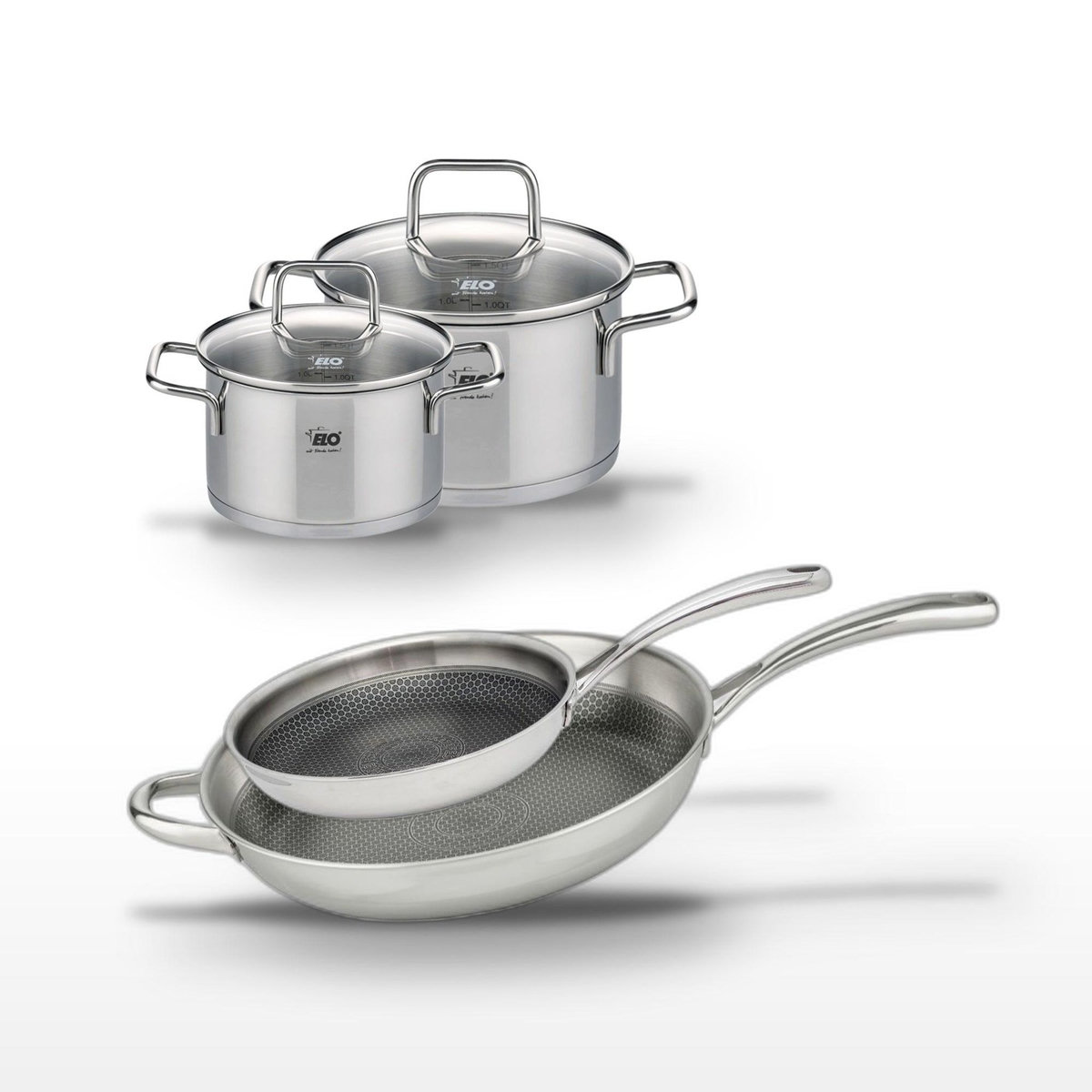 ELO Lot Poêles 32cm & 28cm et Faitouts 16cm & 20cm Elo Relief Evolution