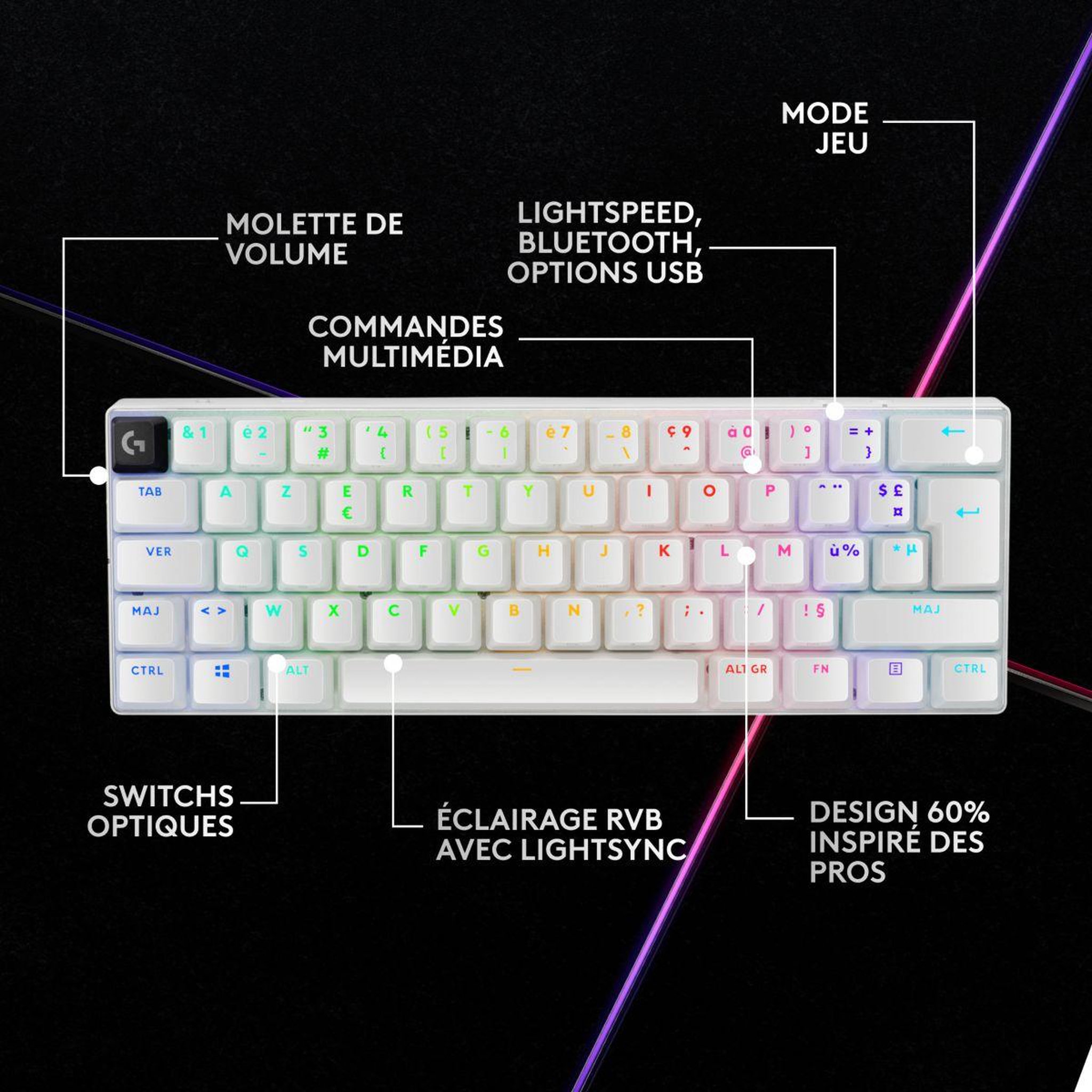 Voir la diapositive 5 : Logitech Clavier gamer sans fil G PRO X 60 LIGHTSPEED BLANC