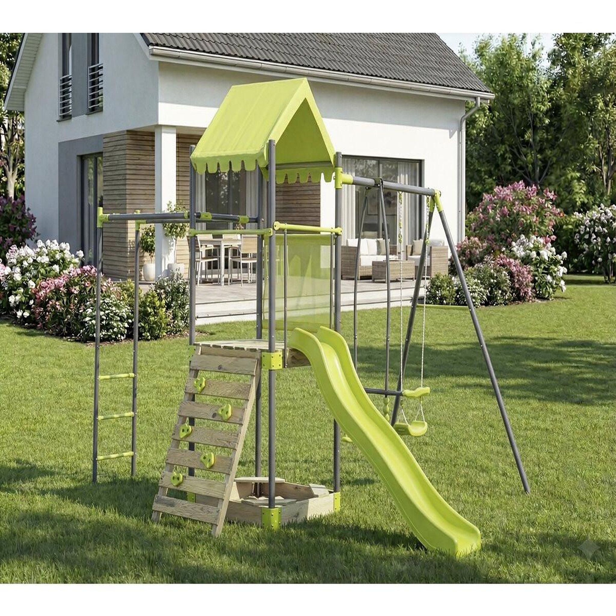 Voir la diapositive 2 : Habitat et Jardin Aire de jeu portique en métal avec toboggan et bac a sable  lucien  - vert