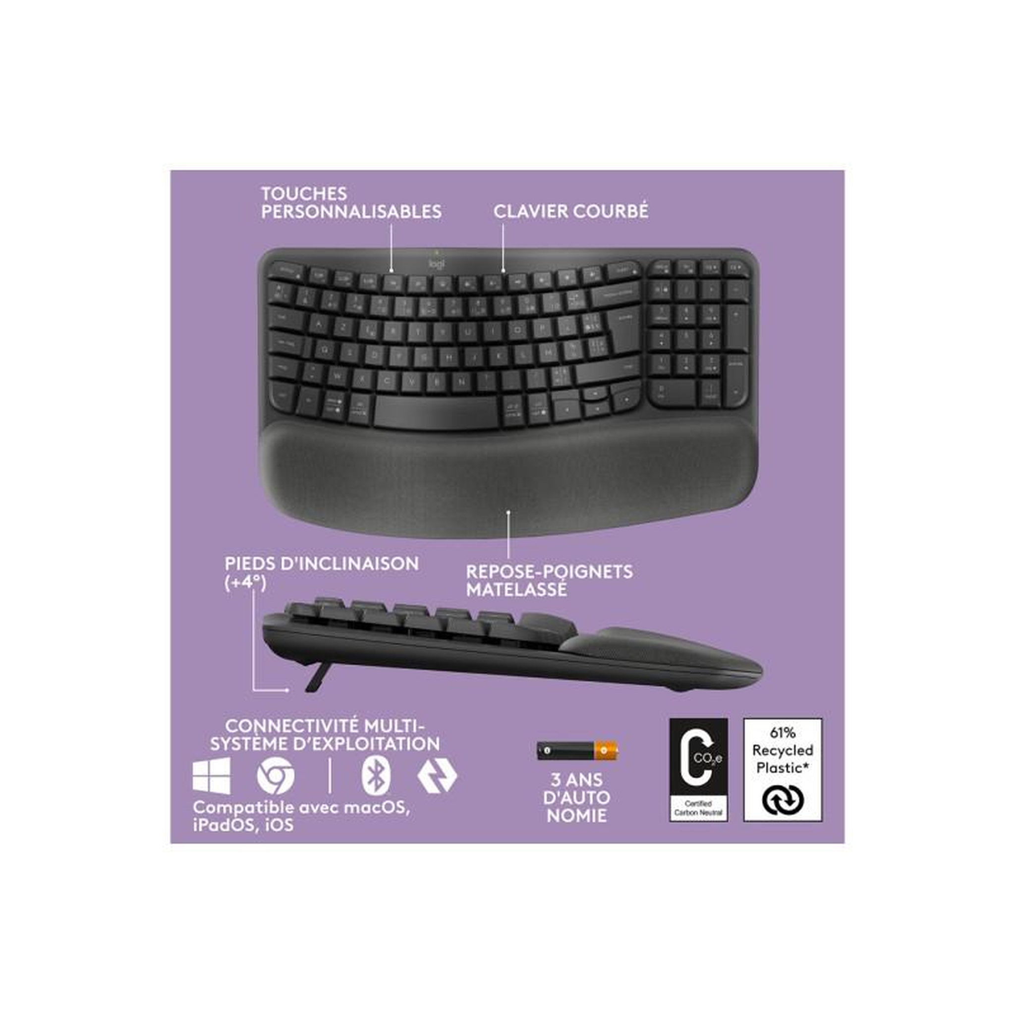 Voir la diapositive 6 : Logitech Clavier sans fil Wave Keys ergonomique +  repose poignets