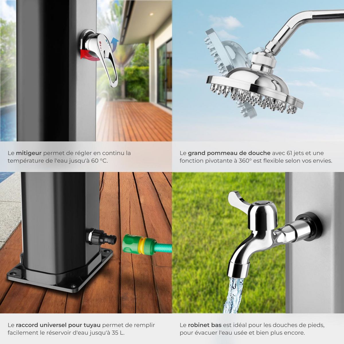 tectake Douche solaire 35 litres noir/gris