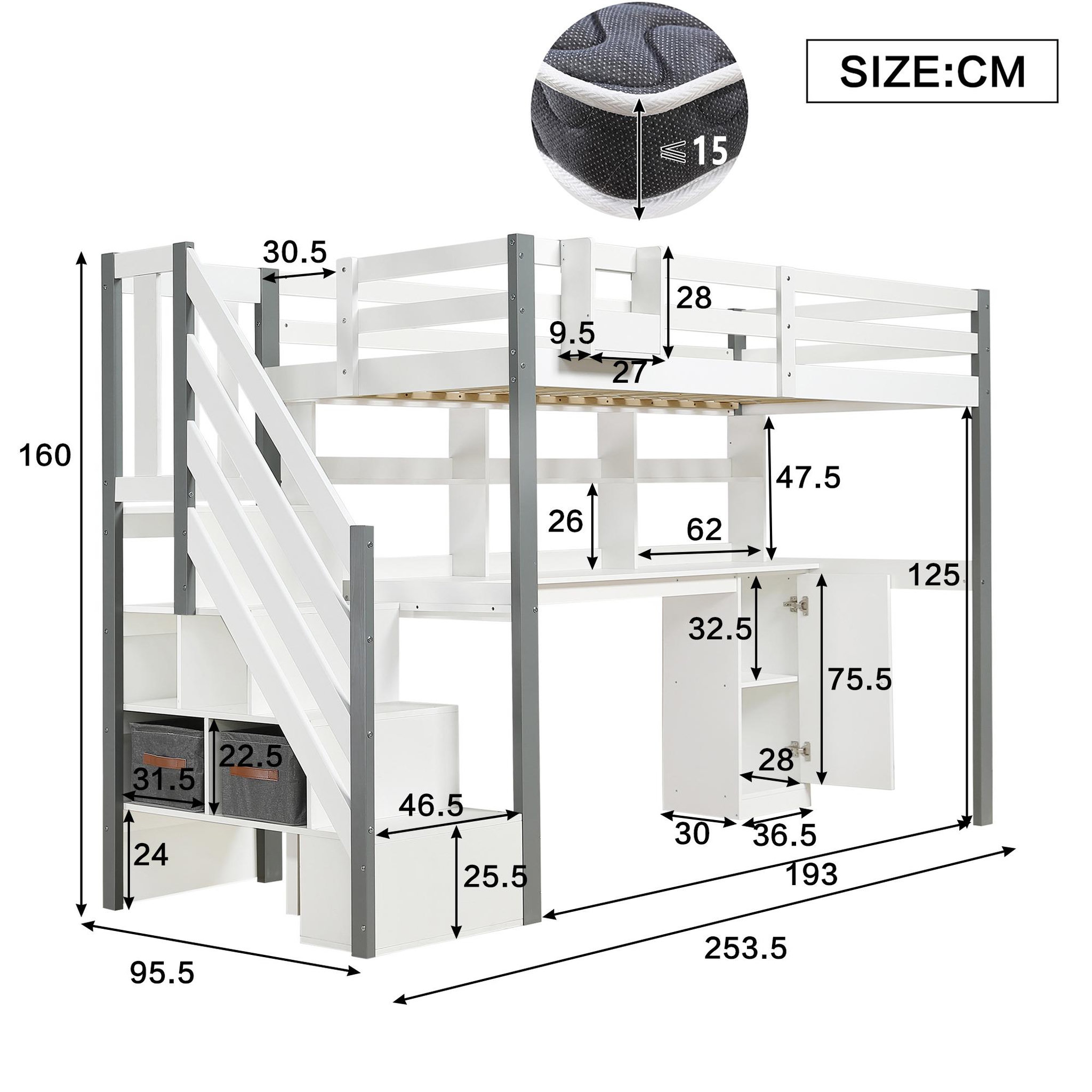 Voir la diapositive 3 : MERAX Lit combiné enfant 90x200cm bois et mdf coloris blanc+gris