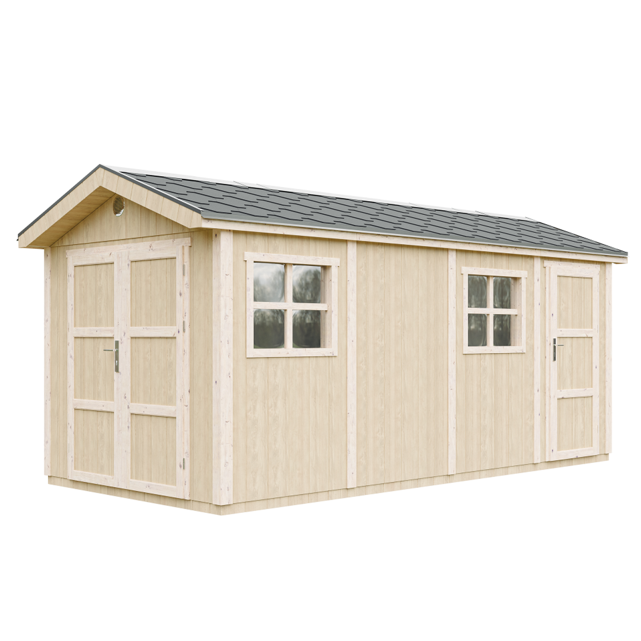 TIMBELA Abri de Jardin Qualité Premium 8.52 + 2.95 m² Avec un sol et des bardeaux bitumineux M915C. Coloris disponibles : Gris, Jaune, Rouge, Beige, Marron