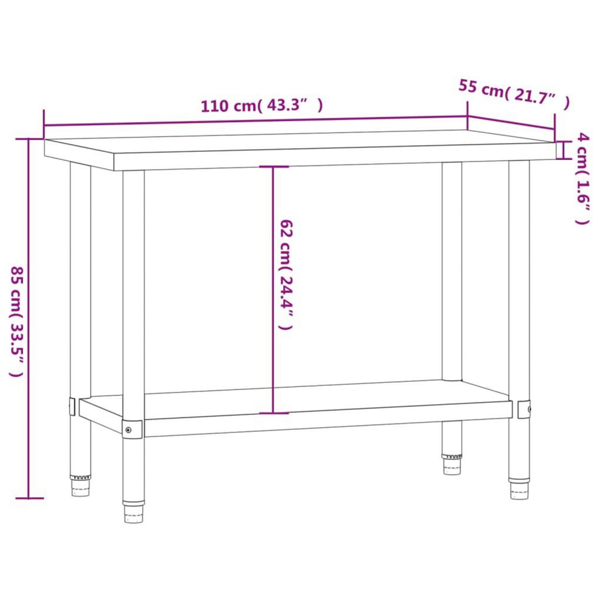 VIDAXL Table de travail de cuisine 110x55x85 cm acier inoxydable